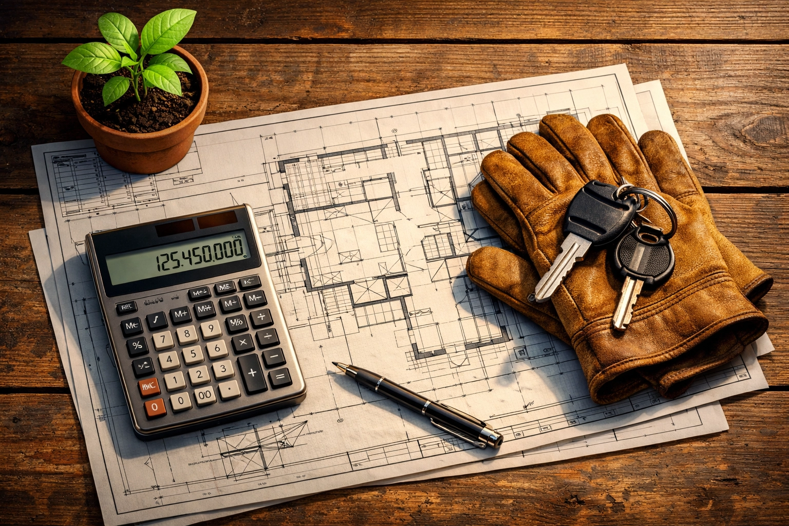 Blueprints and tools for used equipment financing and strategic business growth on a wooden table.