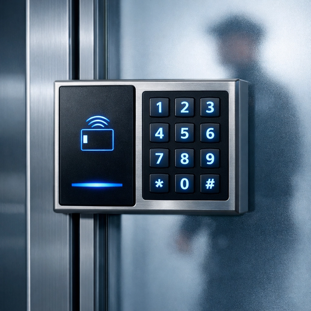 Security access control system at commercial building entrance for contractor access