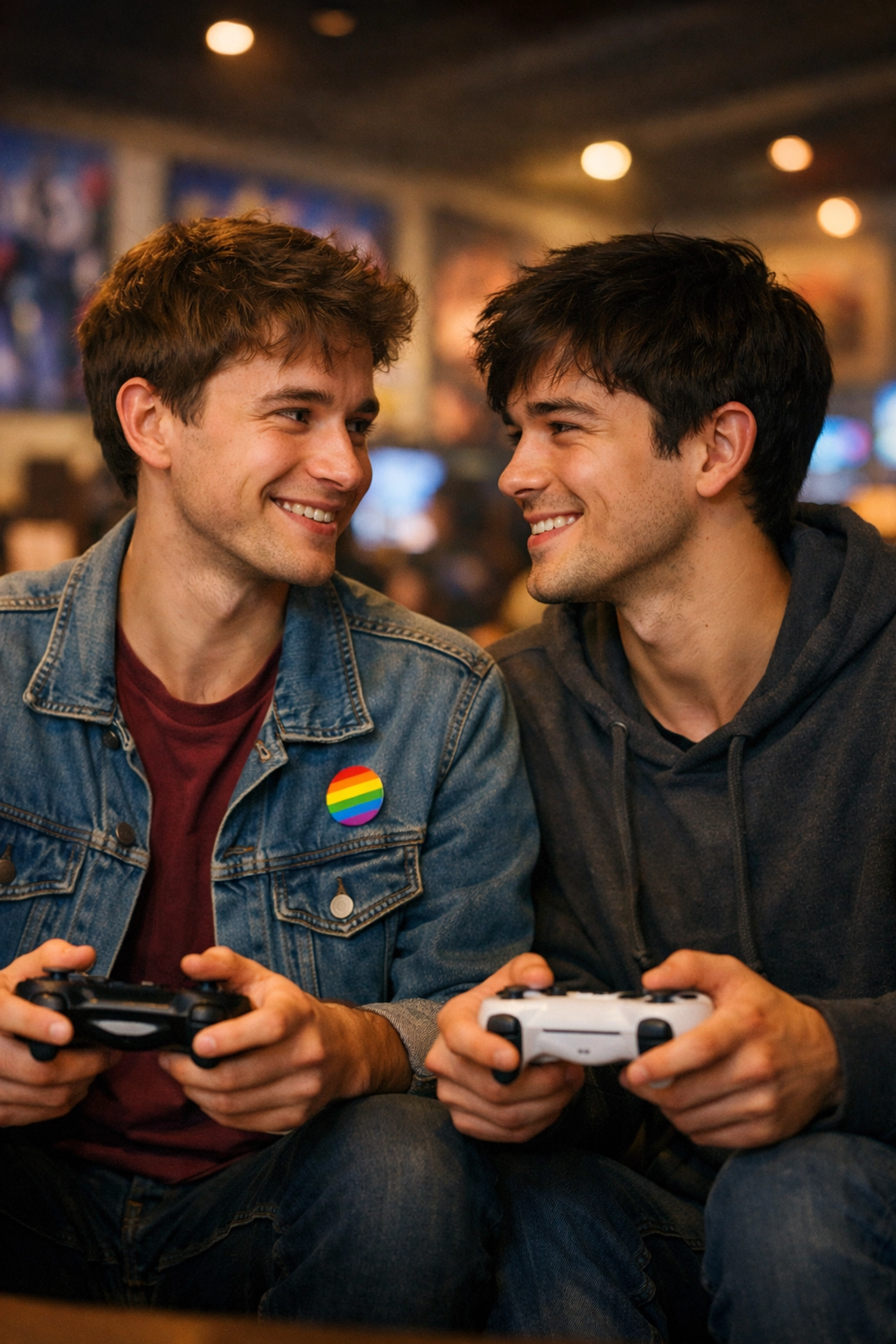 Gay couple meeting in person at gaming café after connecting online through games