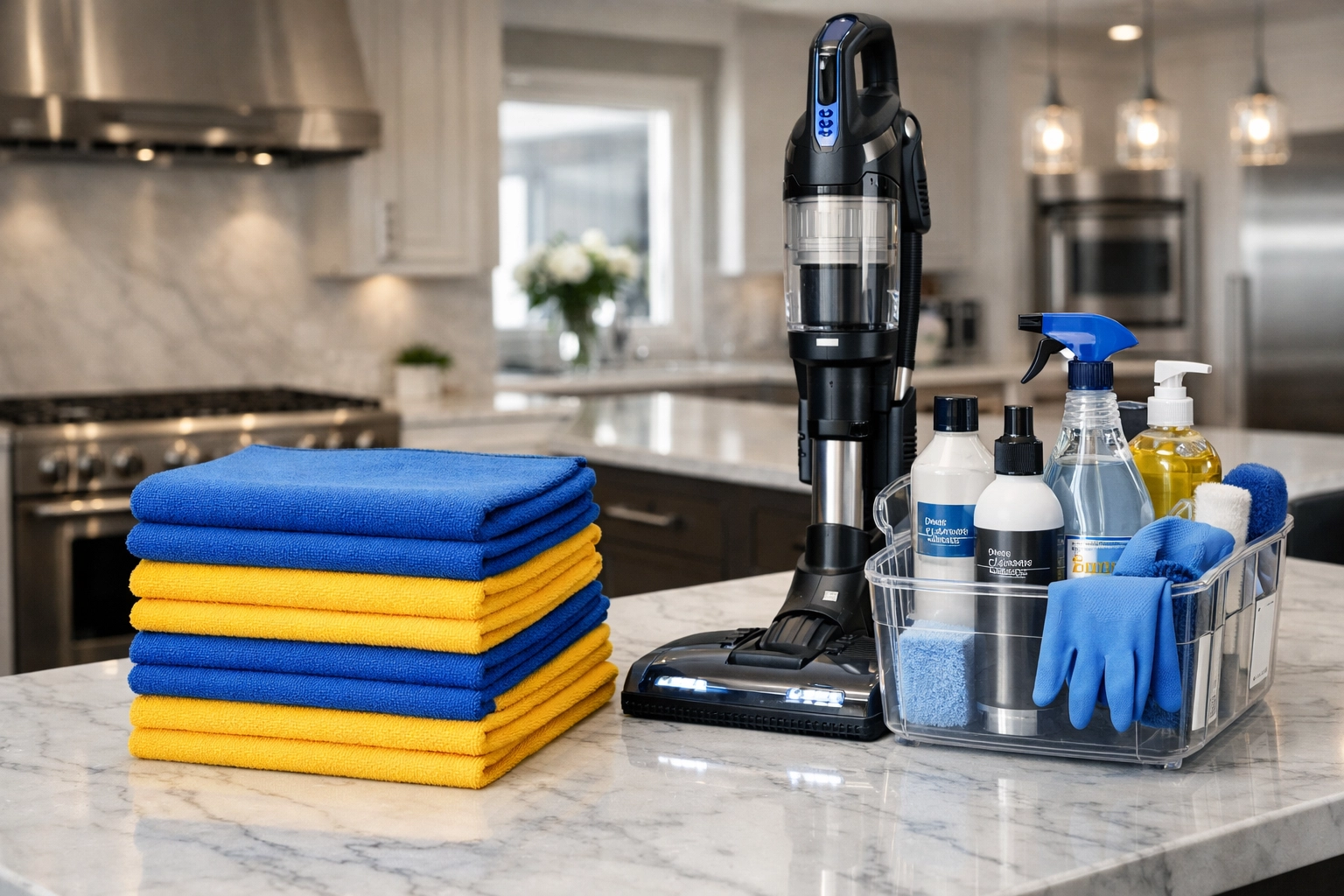 Sanitized professional equipment used by a premier maid service Cambridge for detailed apartment deep cleaning.