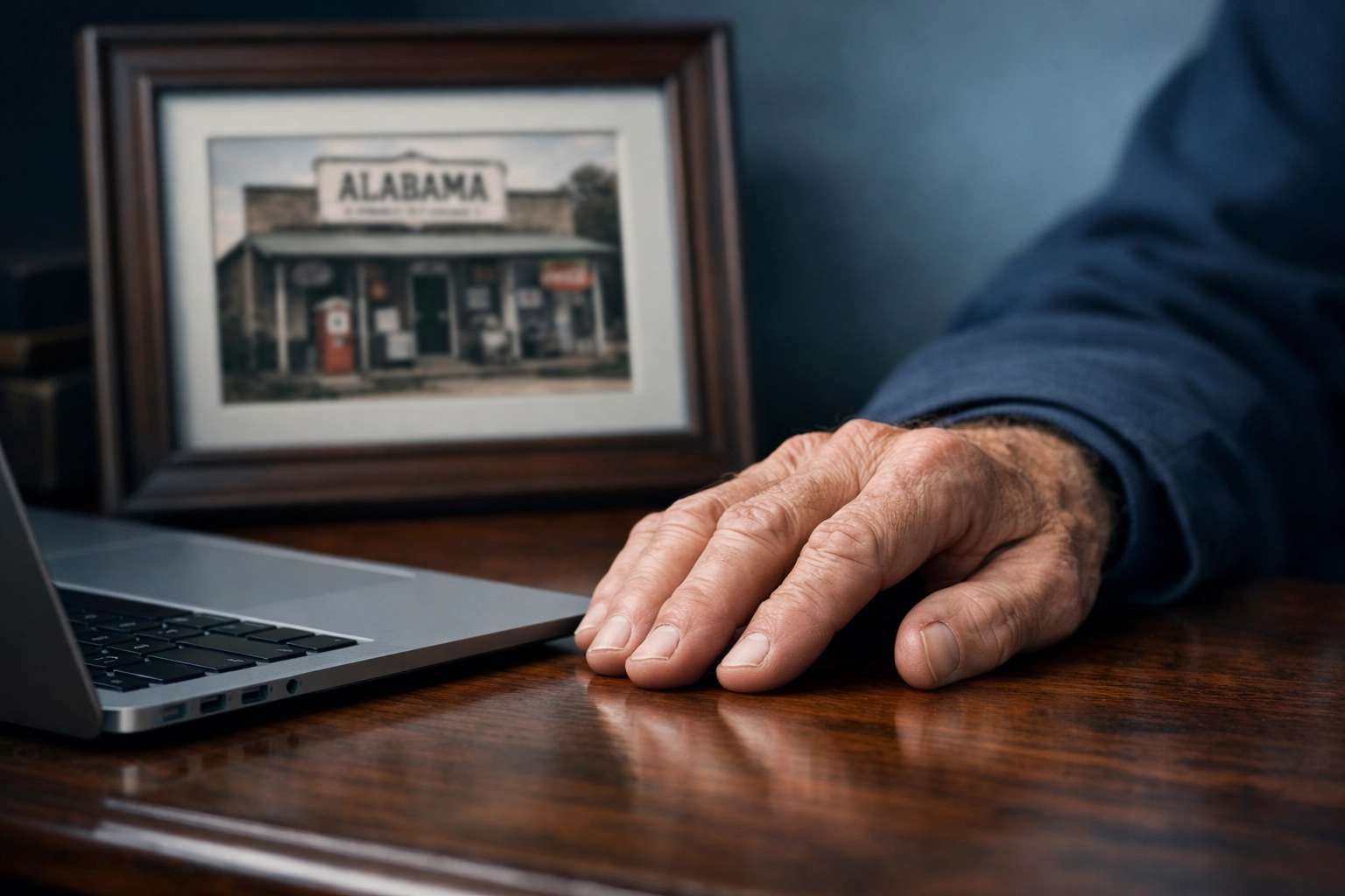 Hand on a desk with a vintage Alabama storefront photo, symbolizing a family business legacy.