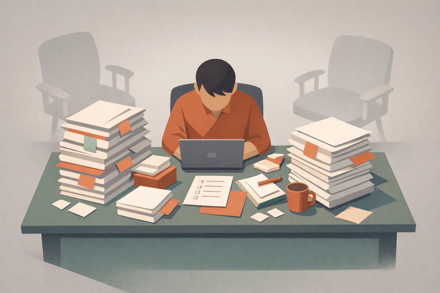 Overworked employee at desk with empty chairs after coworkers laid off