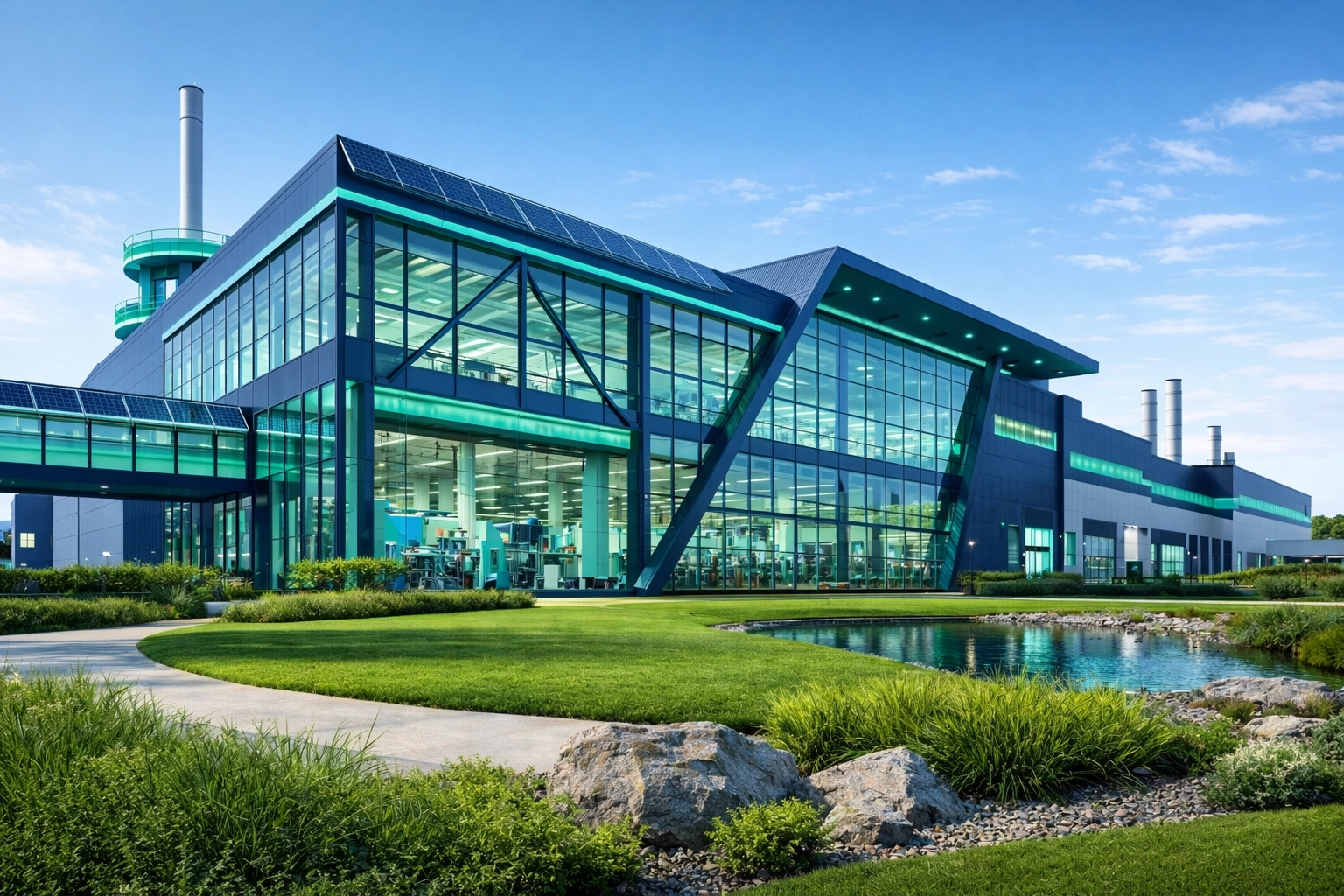Article style visual of a modern UK industrial facility exterior with subtle renewables and navy and teal accents.