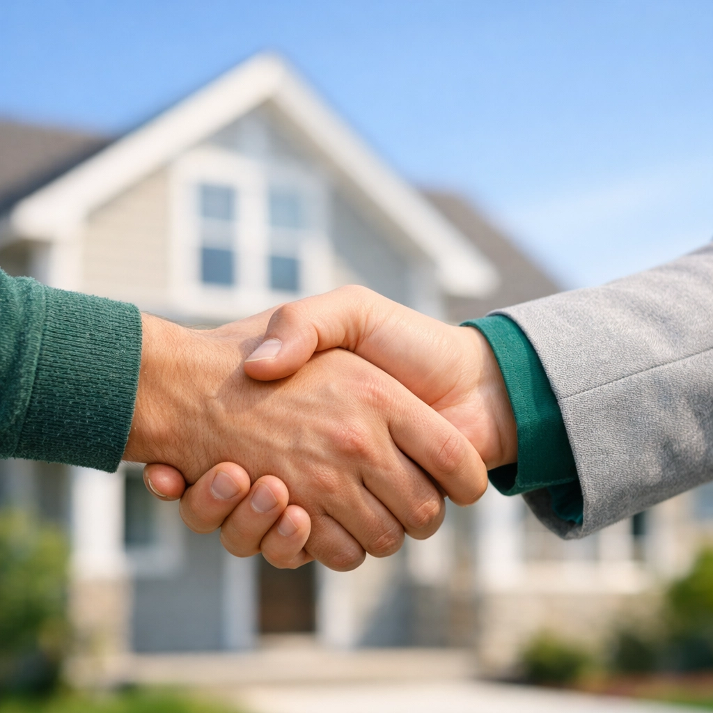 Two investors shaking hands after successfully closing a fast-paced hard money loan deal.