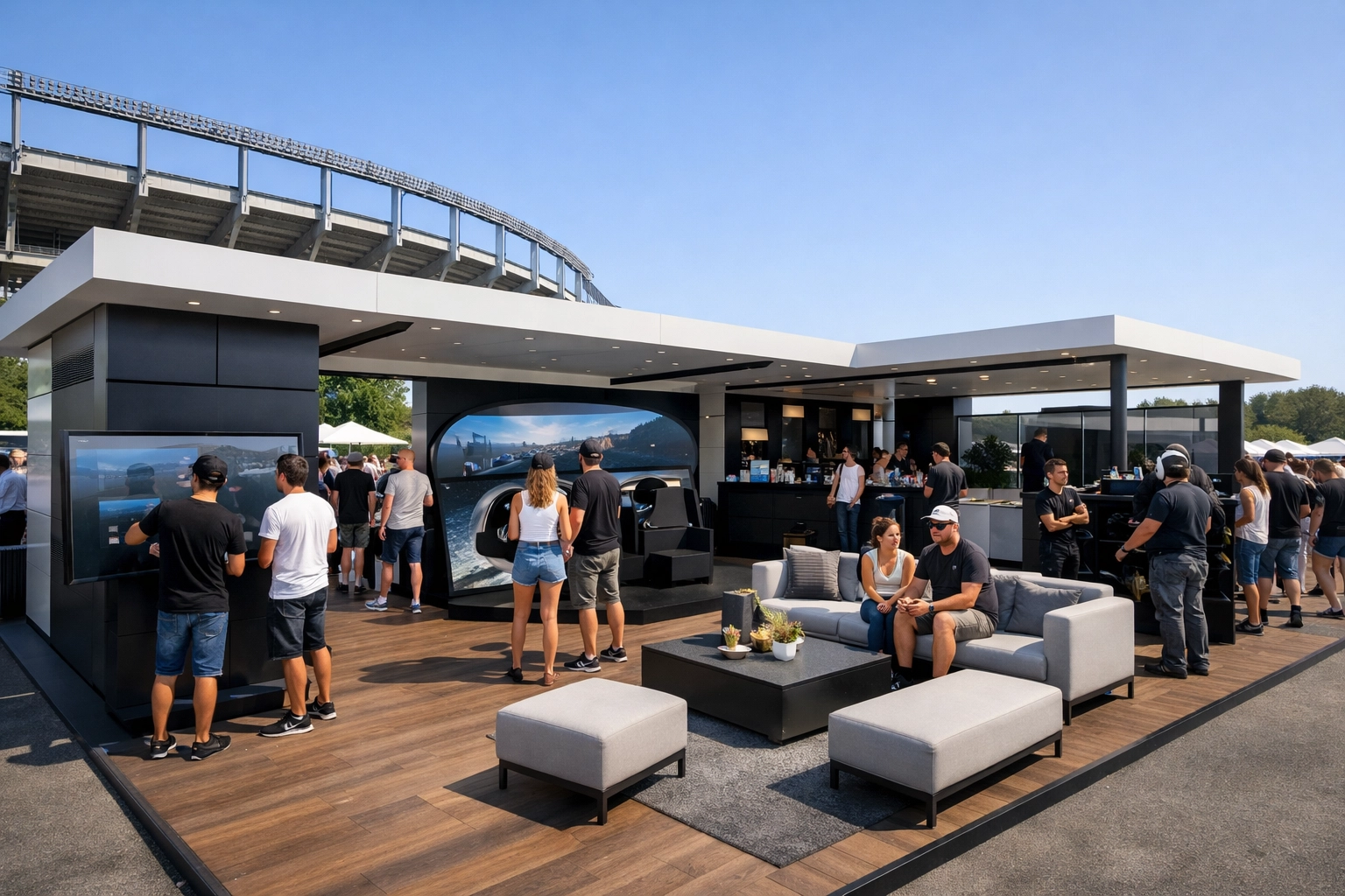 Premium brand activation and interactive sponsorship display at a large outdoor sports and entertainment venue.