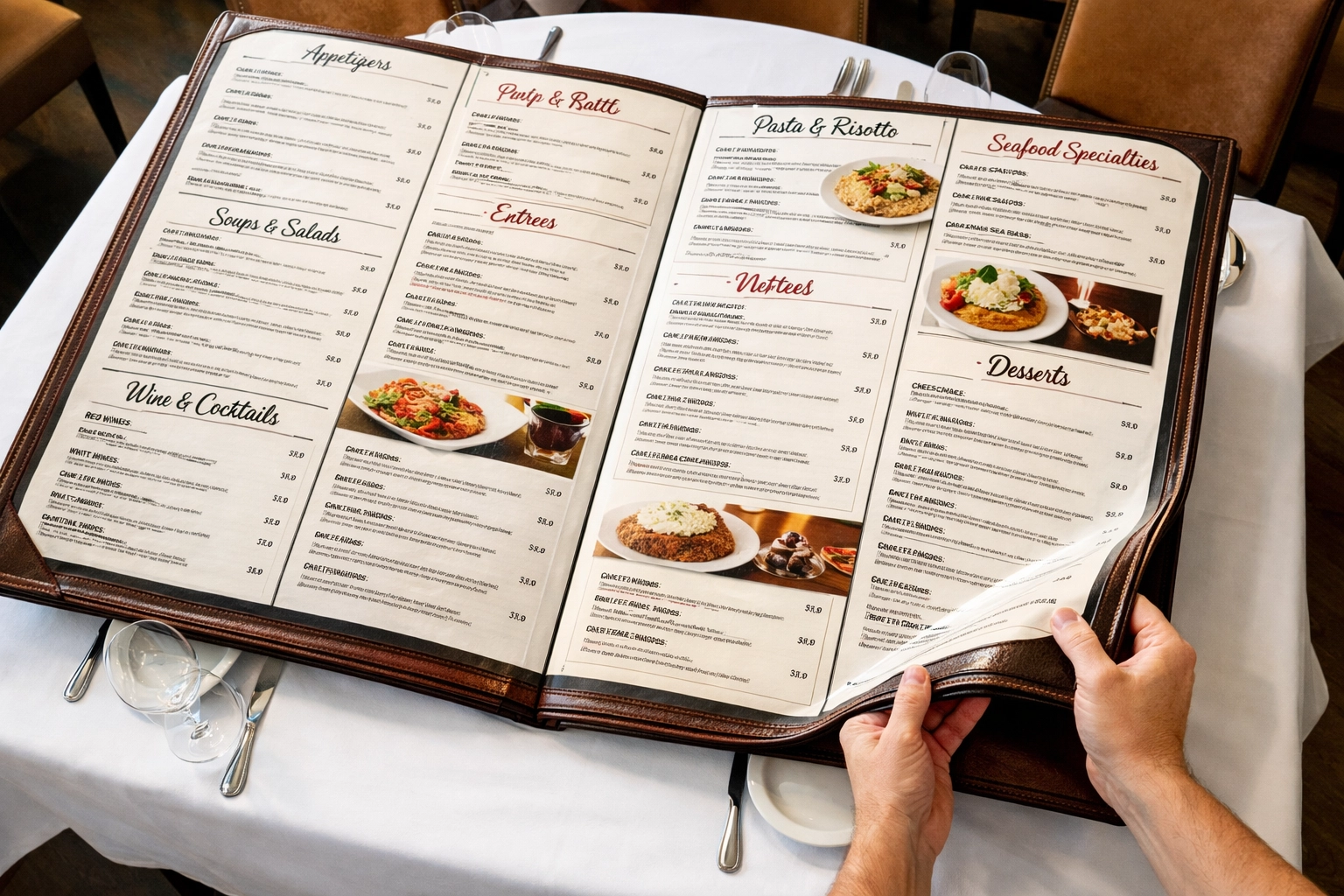 Oversized restaurant menu covering entire dining table with wine glasses and silverware