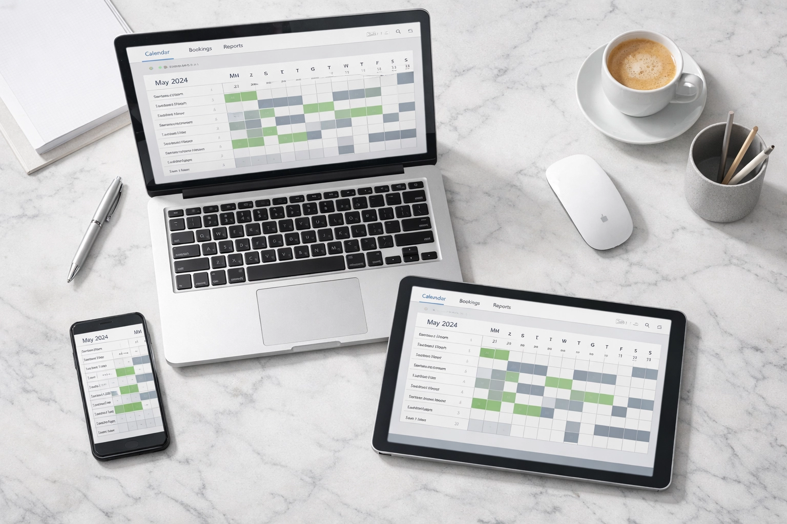 Connected devices showing synchronized hotel booking system and channel manager integration