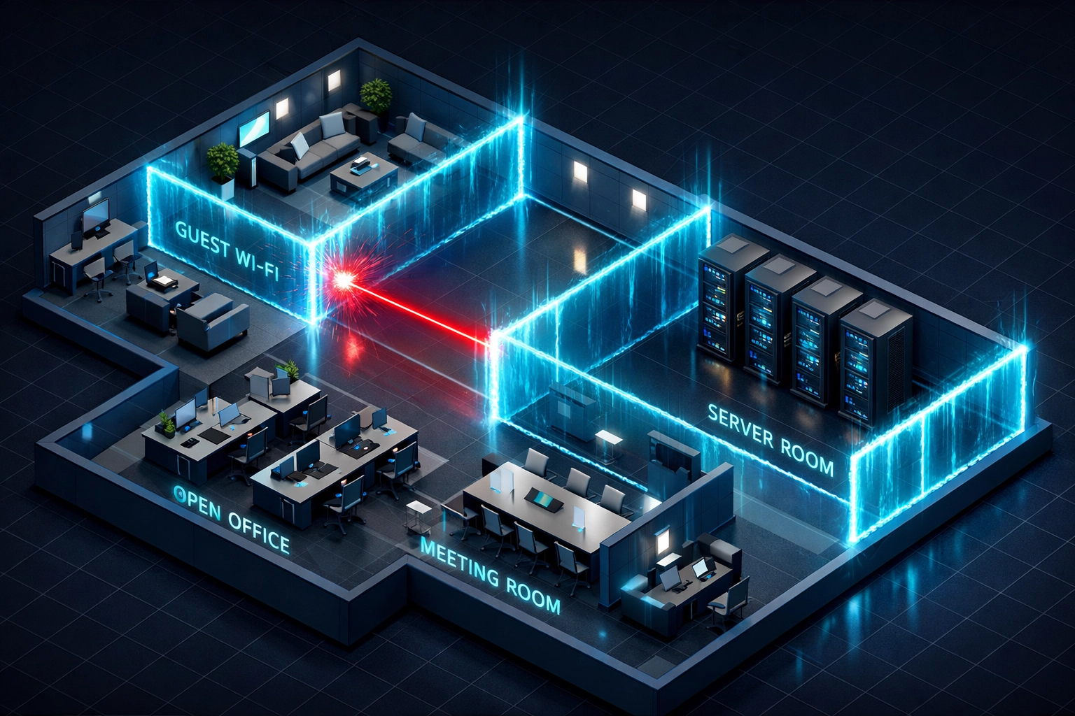 Modern office network segmentation layout preventing cyber threats from spreading between departments.