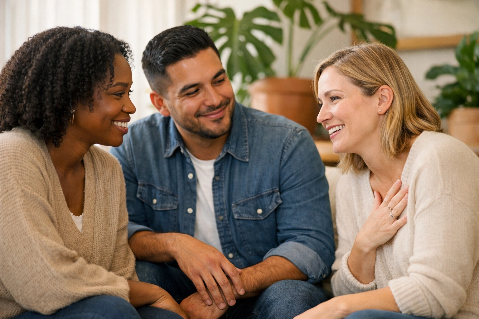 Diverse group in Tennessee sharing a supportive mental health conversation in a peaceful space.