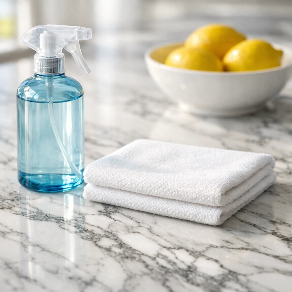 Eco-friendly supplies on a marble counter demonstrating Marblehead luxury cleaning secrets.