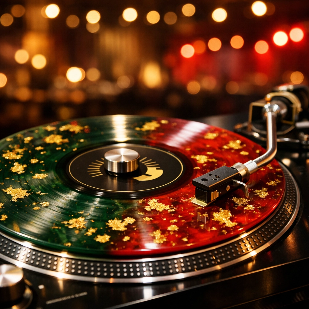 A marbled red, gold, and green vinyl record spinning on a turntable for custom event music.