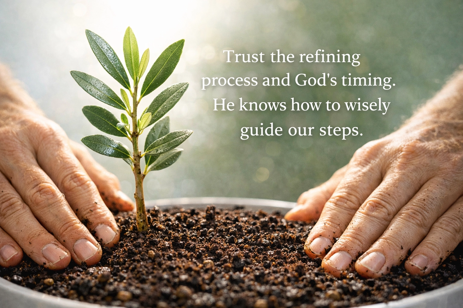 Hands carefully planting a sapling, symbolizing how God refines our character and stewardship through timing and patience.