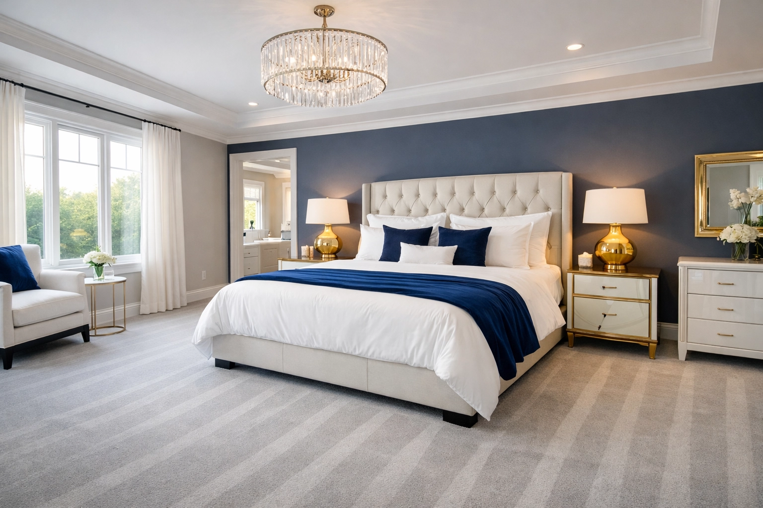 Clean Dover master bedroom with fresh vacuum lines from a professional residential cleaning Massachusetts service.