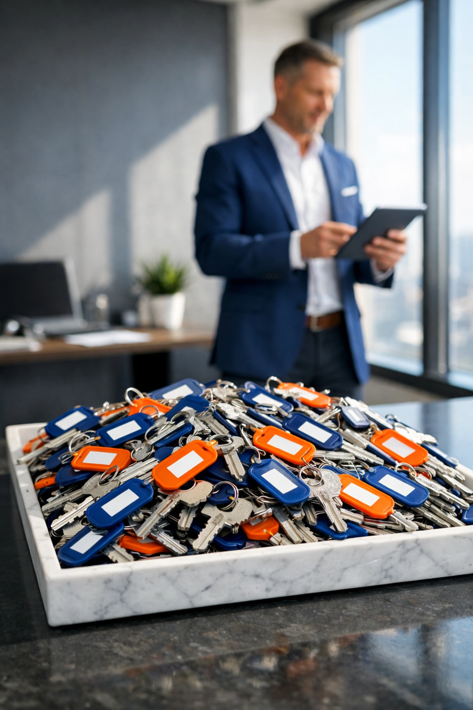 Professional property manager reviewing portfolio data behind a tray of house keys representing high door counts.