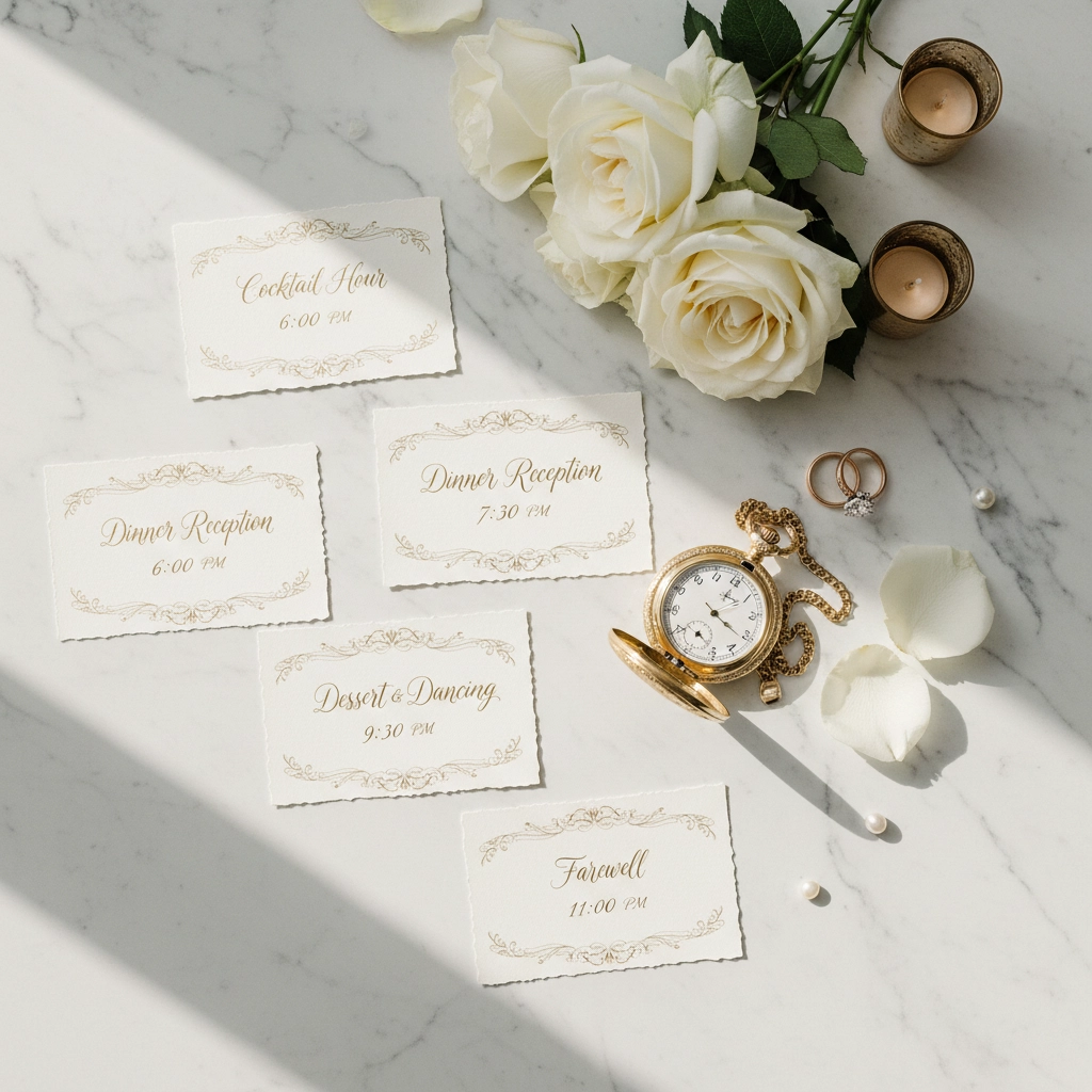 Elegant wedding schedule cards on a marble surface, surrounded by white roses, candles, a pocket watch, and rings. Timeless and romantic.
