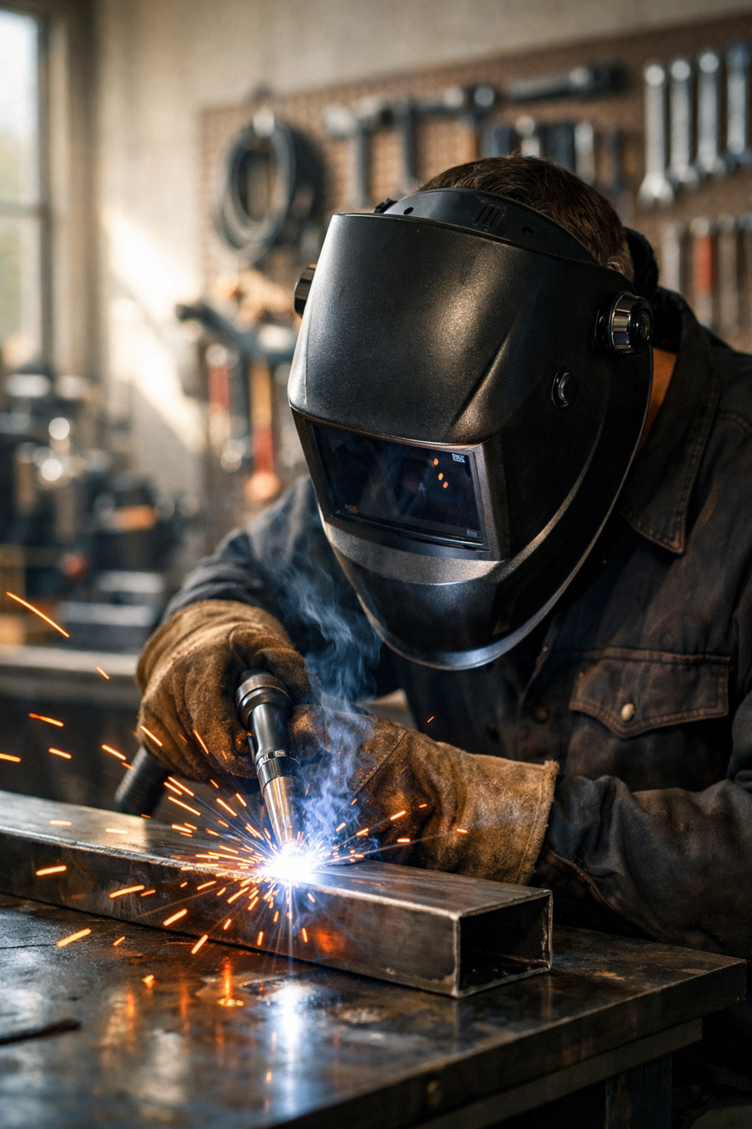 Professional welder in a workshop using MIG welding gas to create clean steel joints.