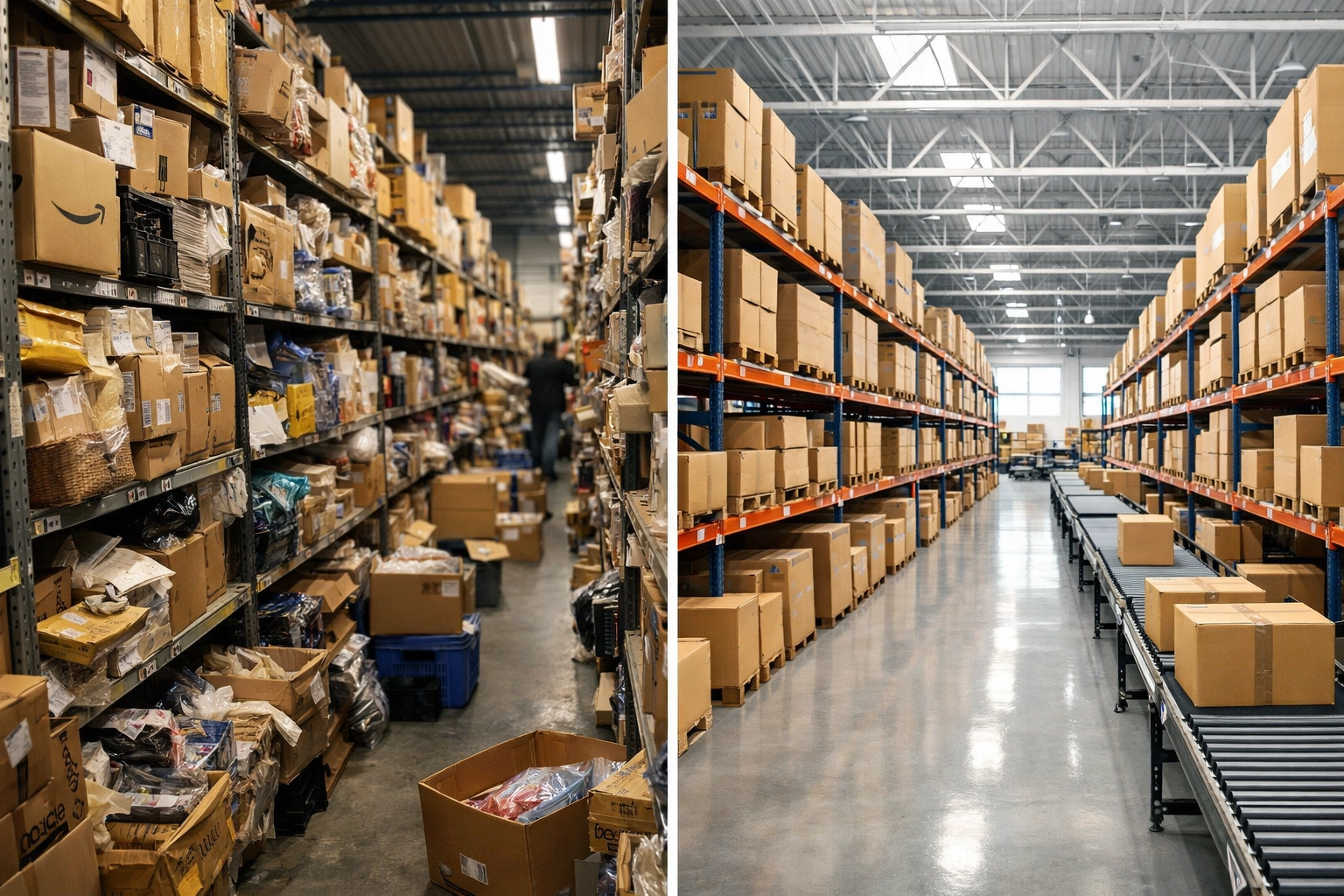 Comparison between crowded FBA warehouse storage and organized 3PL fulfillment center