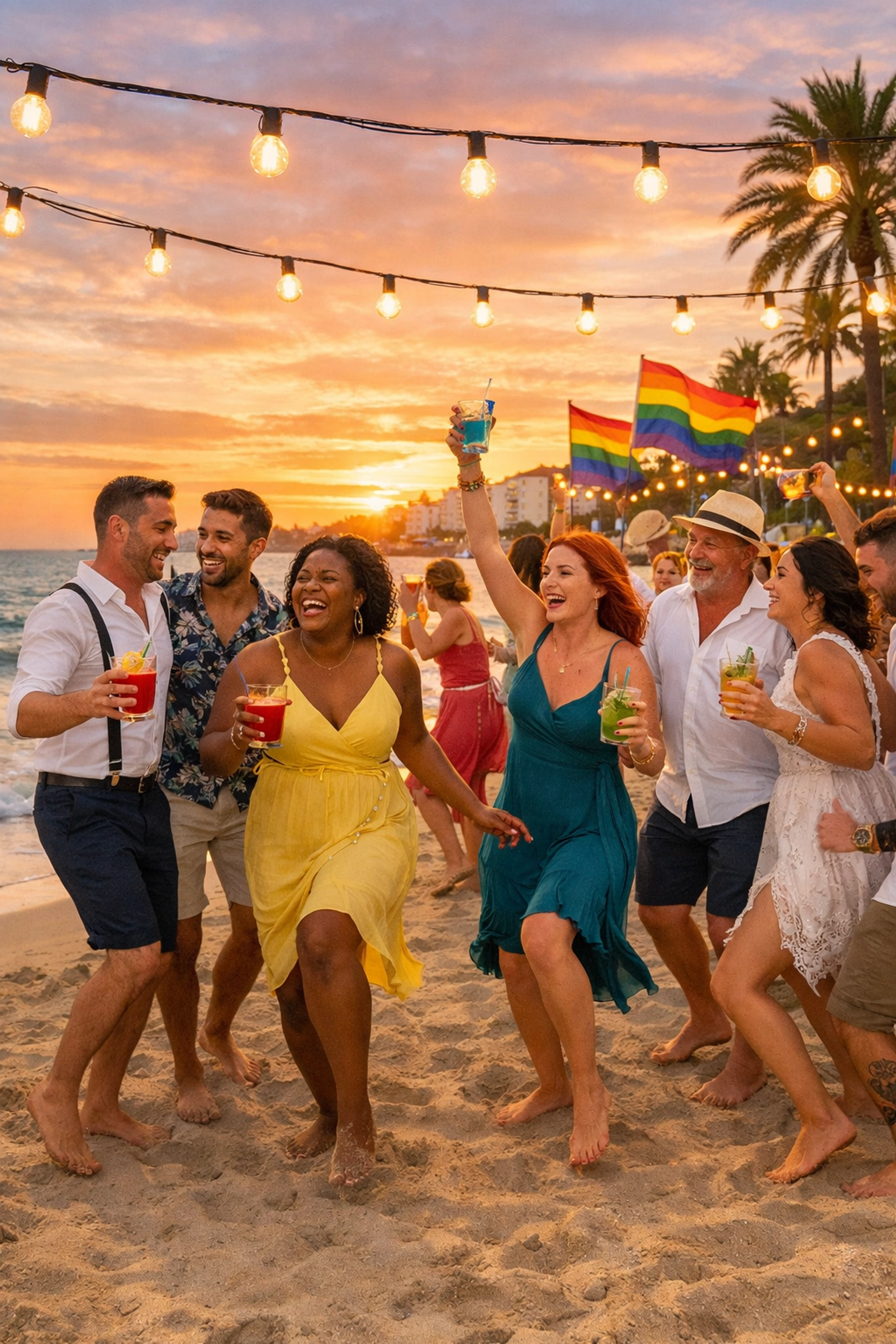 LGBTQ+ wedding celebration on Sitges beach with rainbow flags at sunset