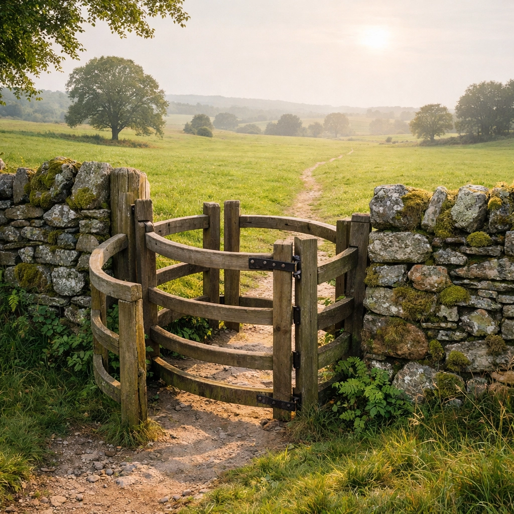 A traditional wooden gate and stone wall on a hiking trail in the scenic British countryside.