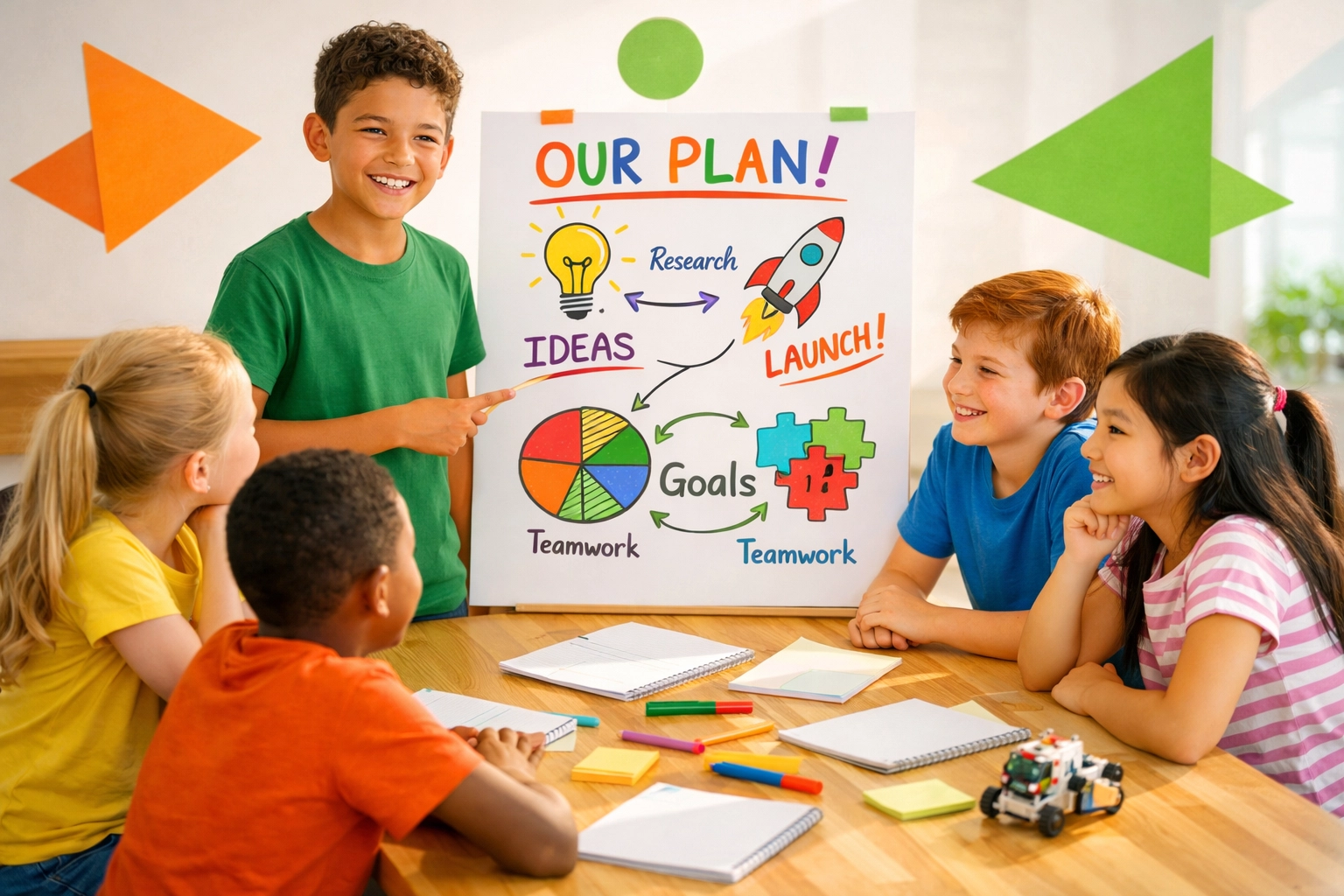 Children collaborating on leadership project, practicing teamwork and decision-making skills