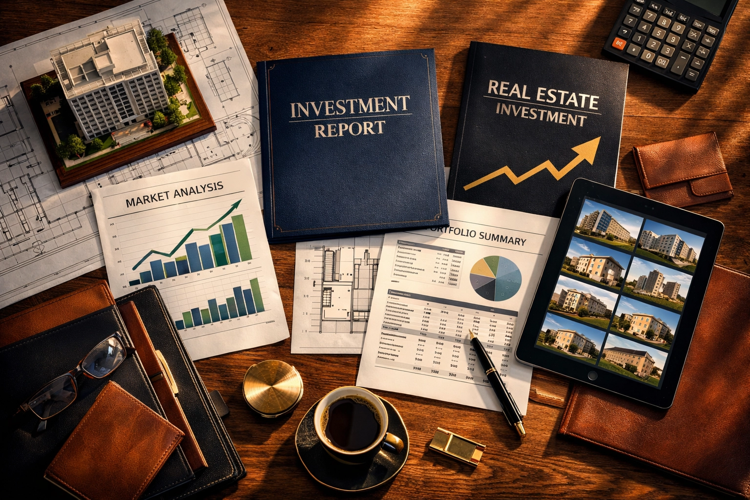Investment planning workspace with real estate blueprints, financial charts, and property documents