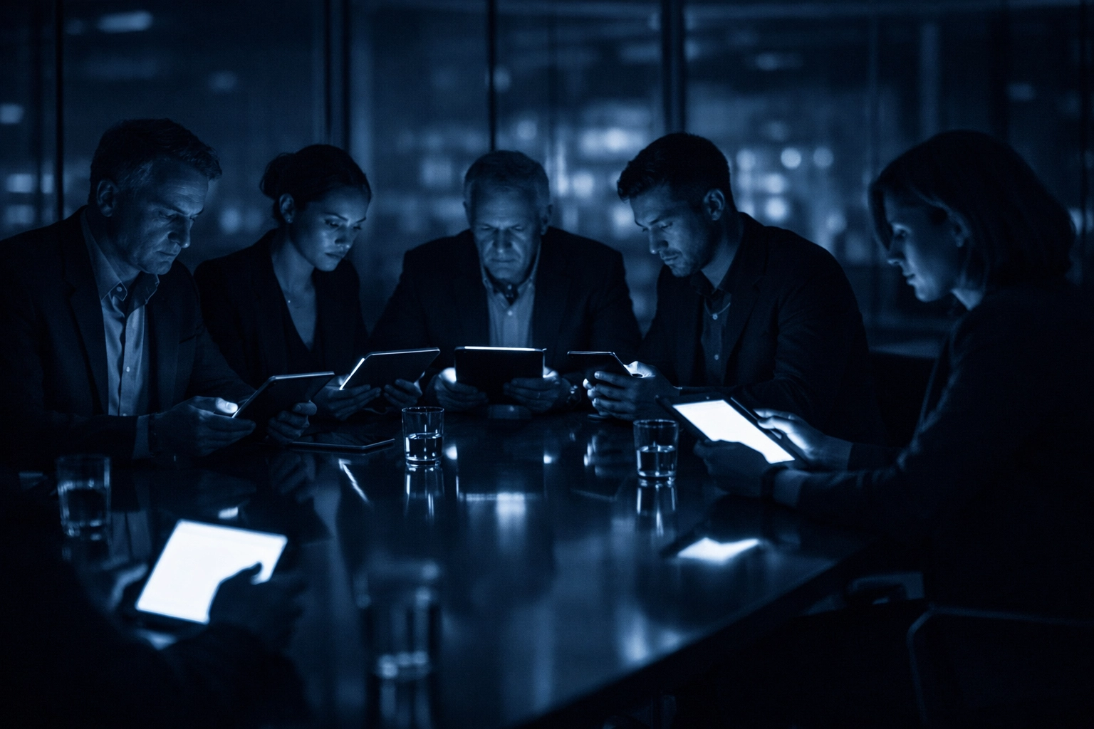 An IT expert team collaborating in a boardroom to test a business disaster recovery and backup plan.