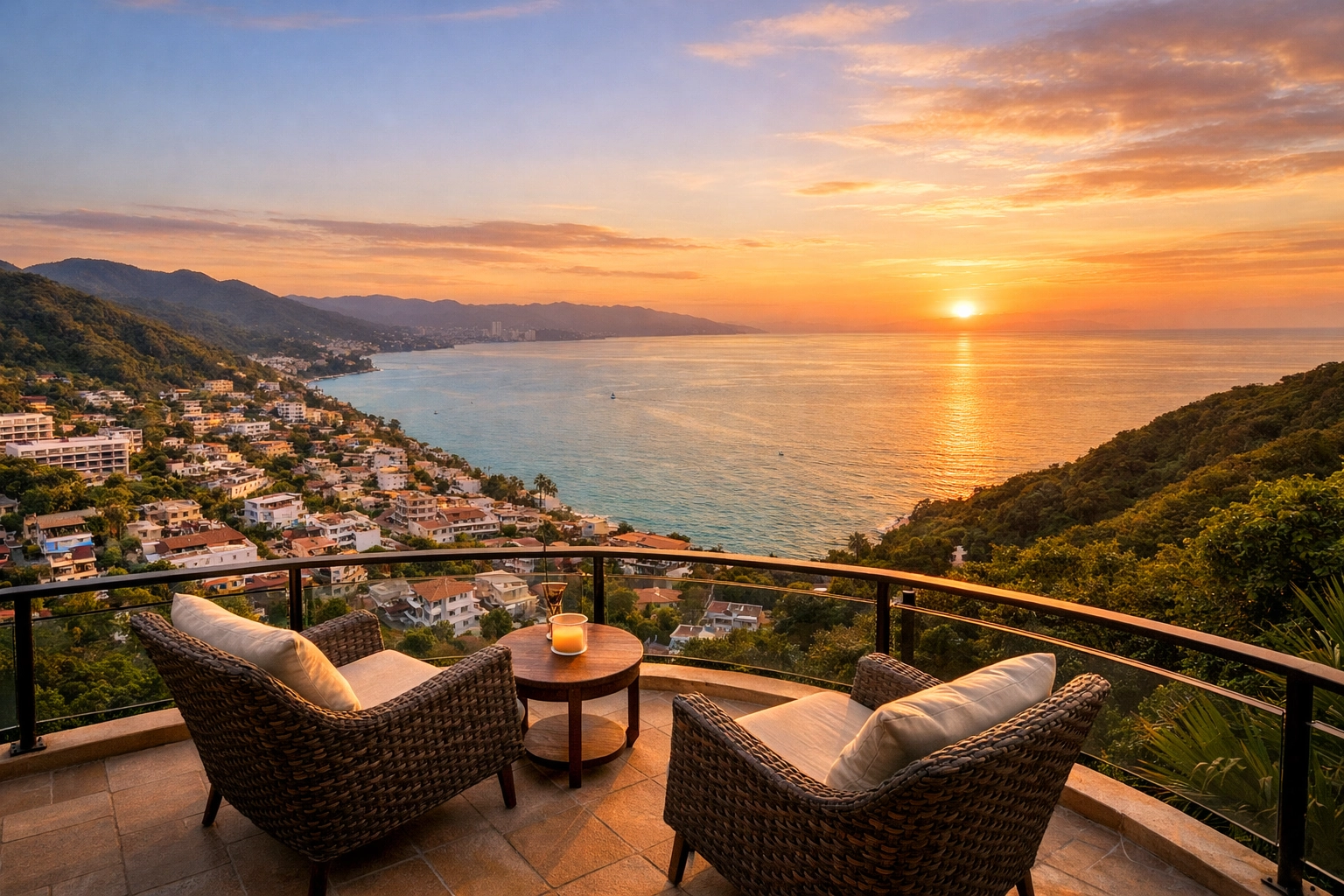 Ocean and mountain views from balcony in Amapas neighborhood Puerto Vallarta