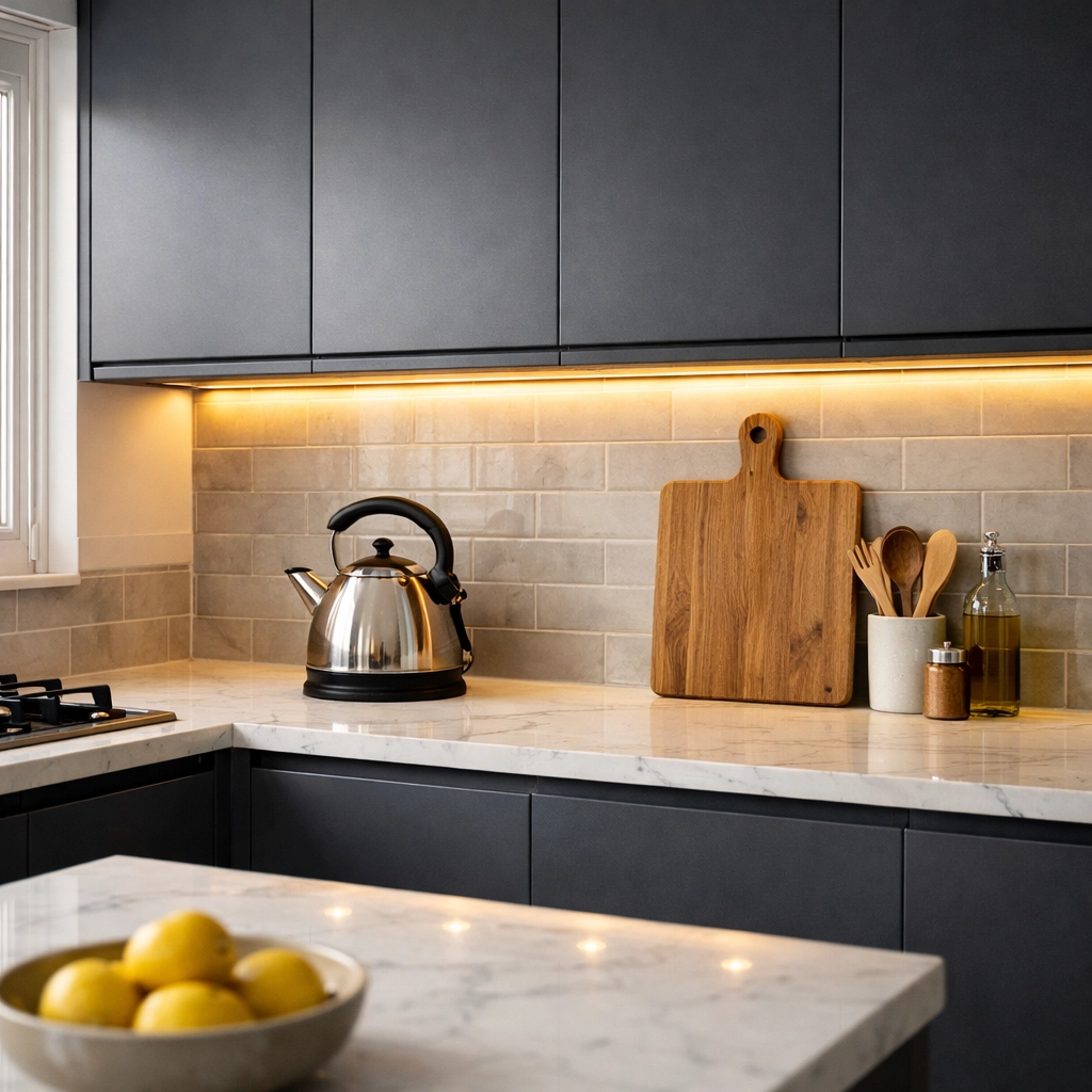 Modern kitchen with energy-efficient LED strip lighting under cabinets installed by a Dorset electrician.