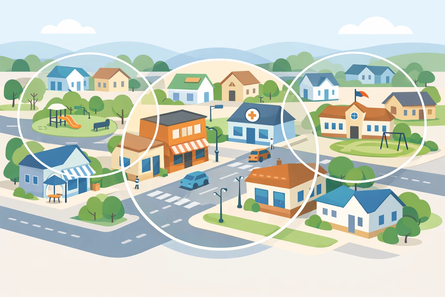 Local community street view with geographic targeting zones for city council campaigns