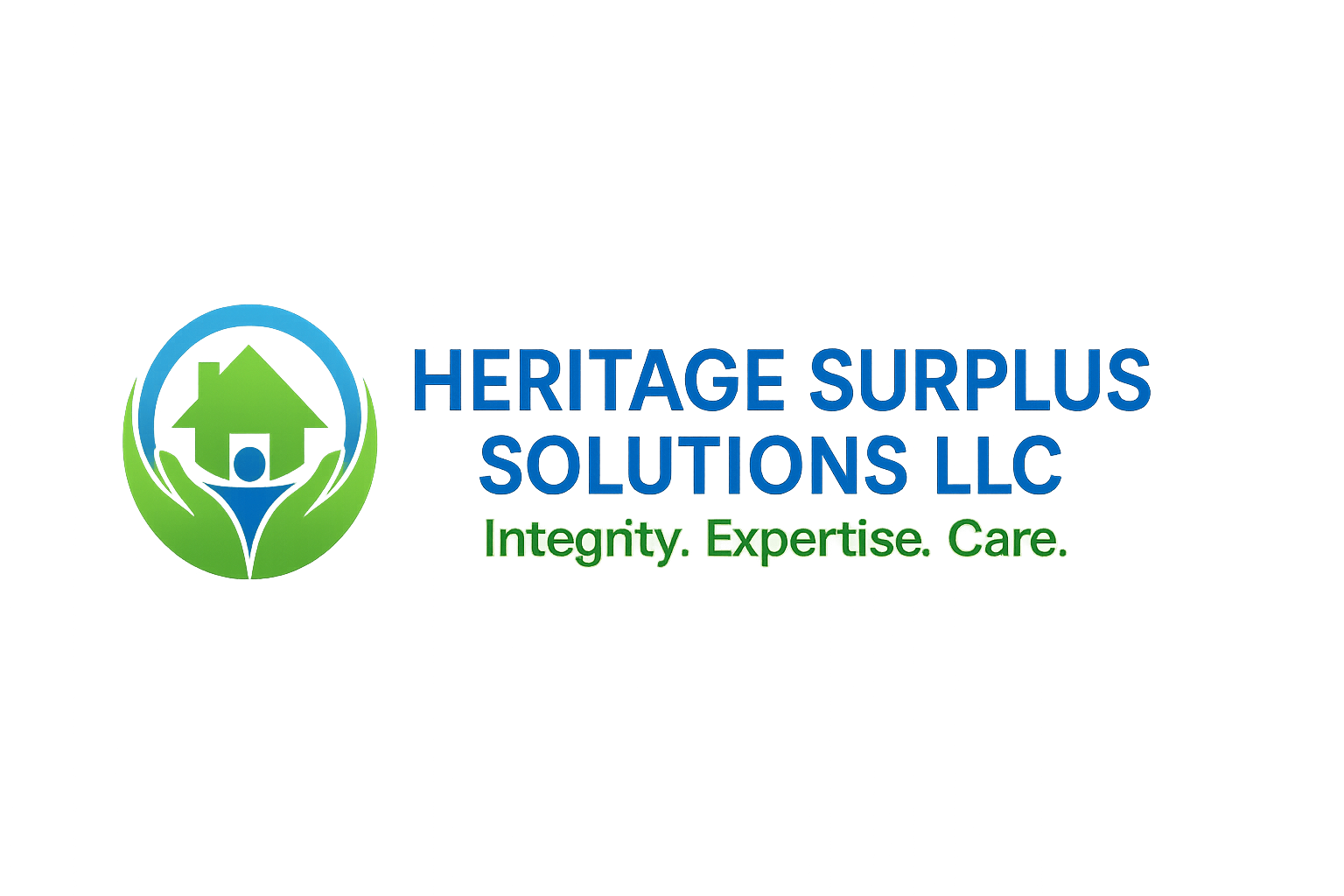 Heritage Surplus Solutions LLC logo The logo features a blue and green color scheme, with an icon of a person under a house encircled by protective hands. The tagline reads, 'Integrity. Expertise. Care.' representing the company's commitment to assisting clients recover surplus funds after foreclosure.
