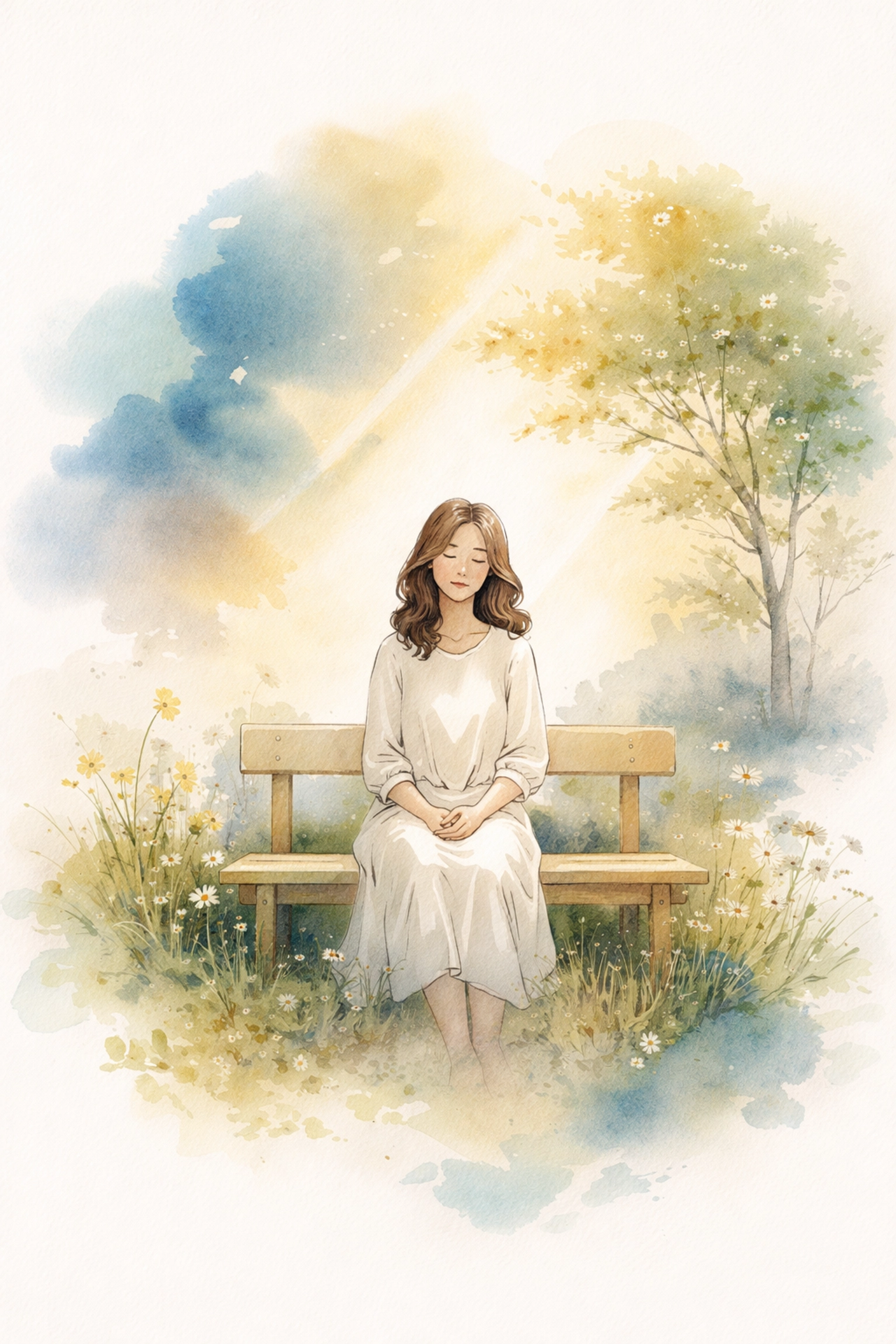 Watercolor drawing of a woman practicing silence and mindfulness on a garden bench at sunset, symbolizing peaceful reflection.