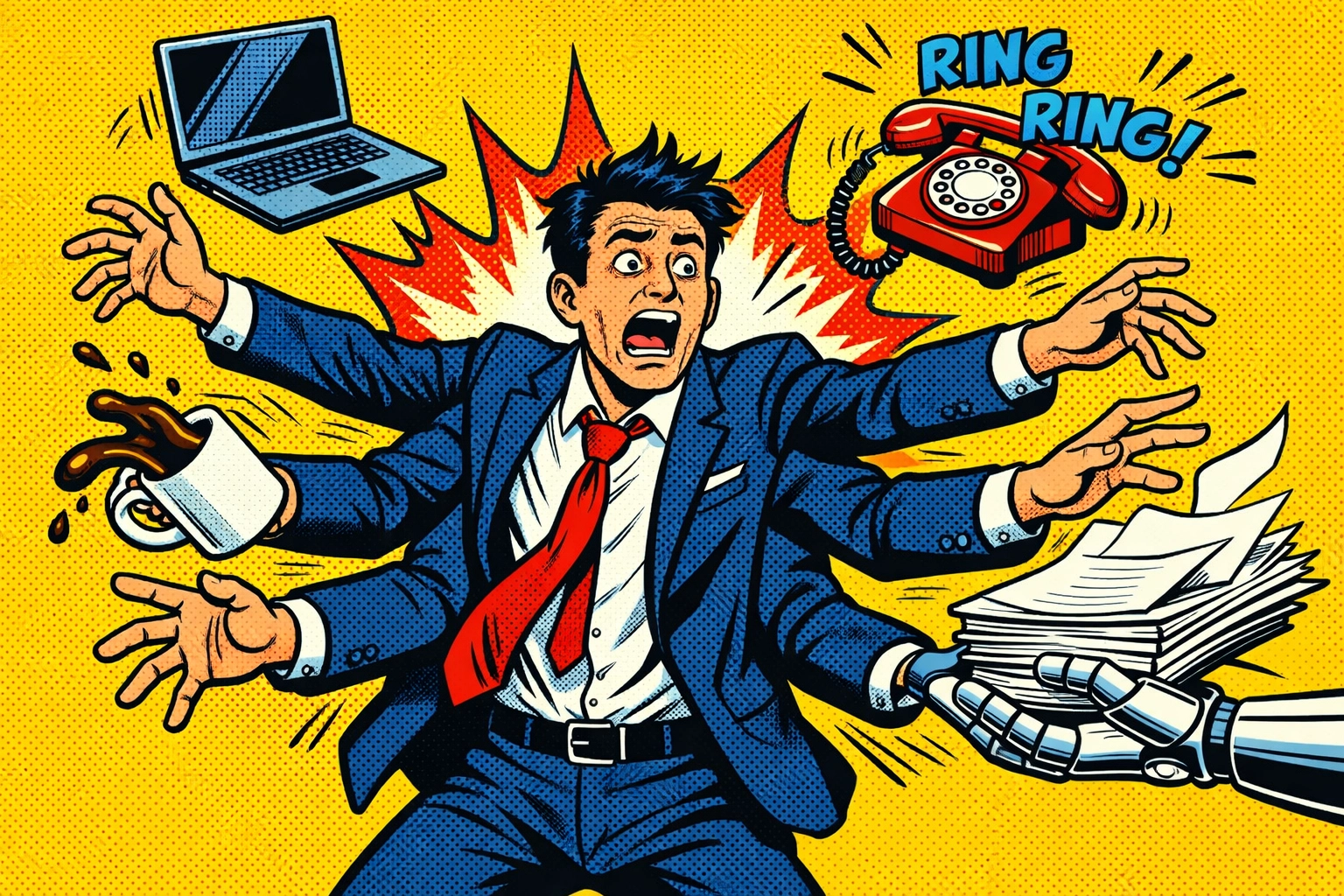 AI assistant hand helping a busy business owner manage multiple tasks and scale efficiently.