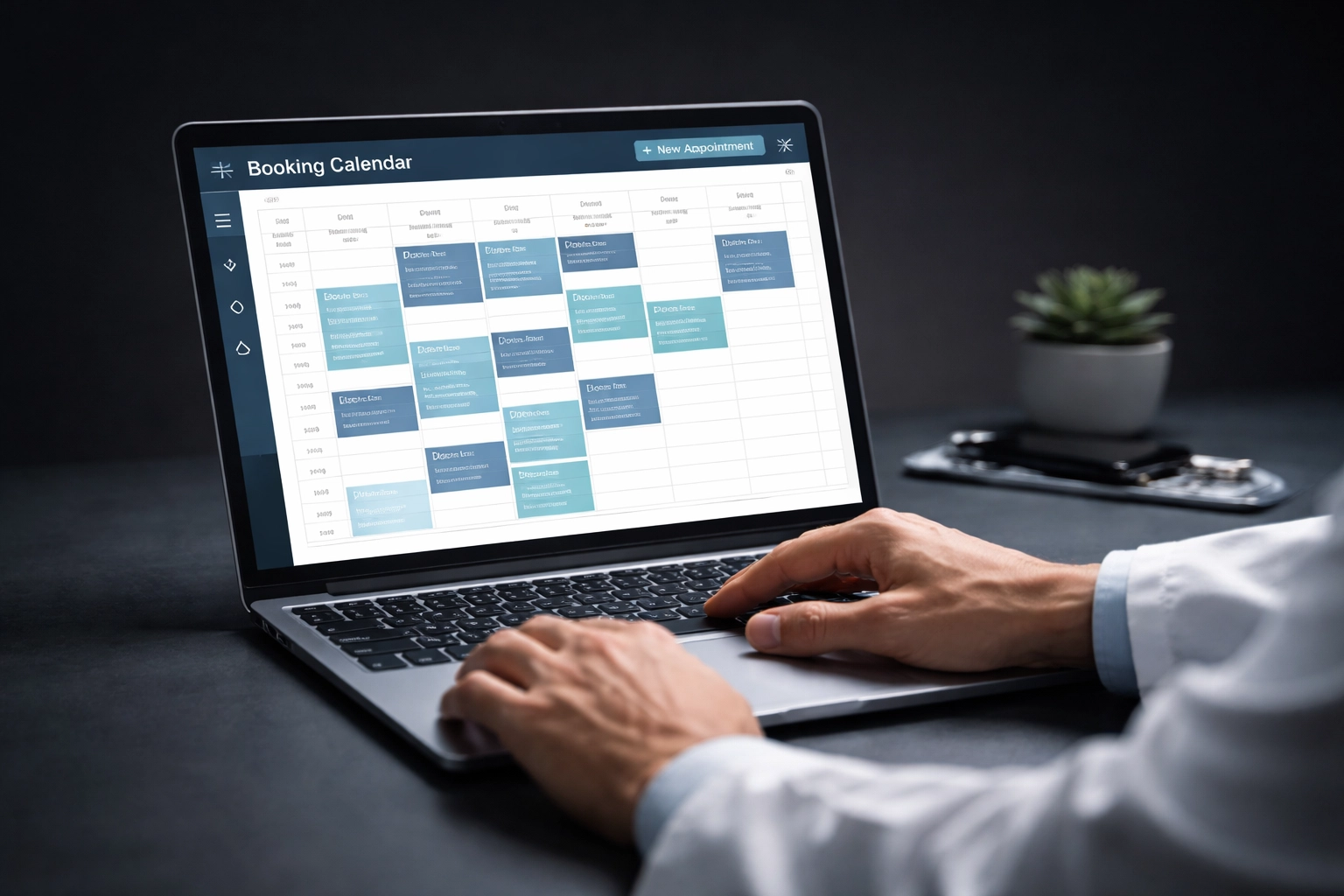 Chiropractor updating online booking system on laptop to enhance Brisbane clinic's professional digital presence.