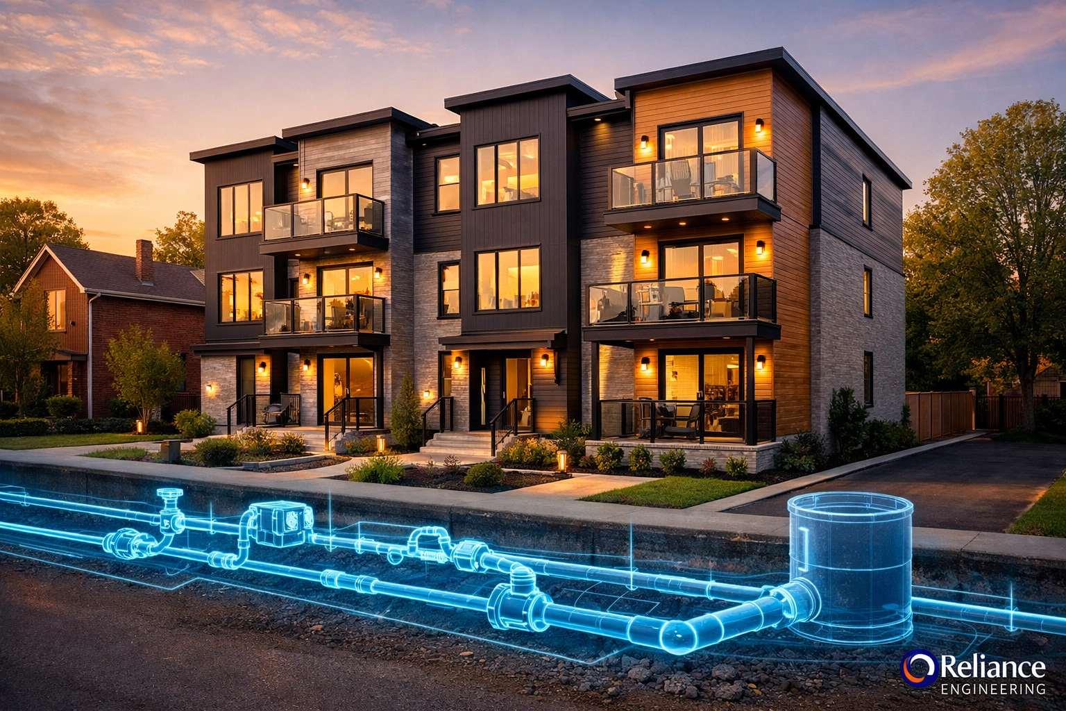 Modern Ontario 4-plex conversion showing technical site servicing and underground sanitary sewer connections.