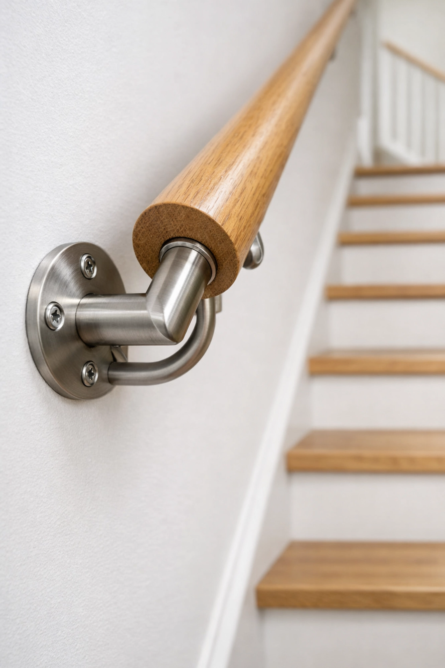 Secure metal bracket mounting a handrail to a wall for reliable stair safety and stability.