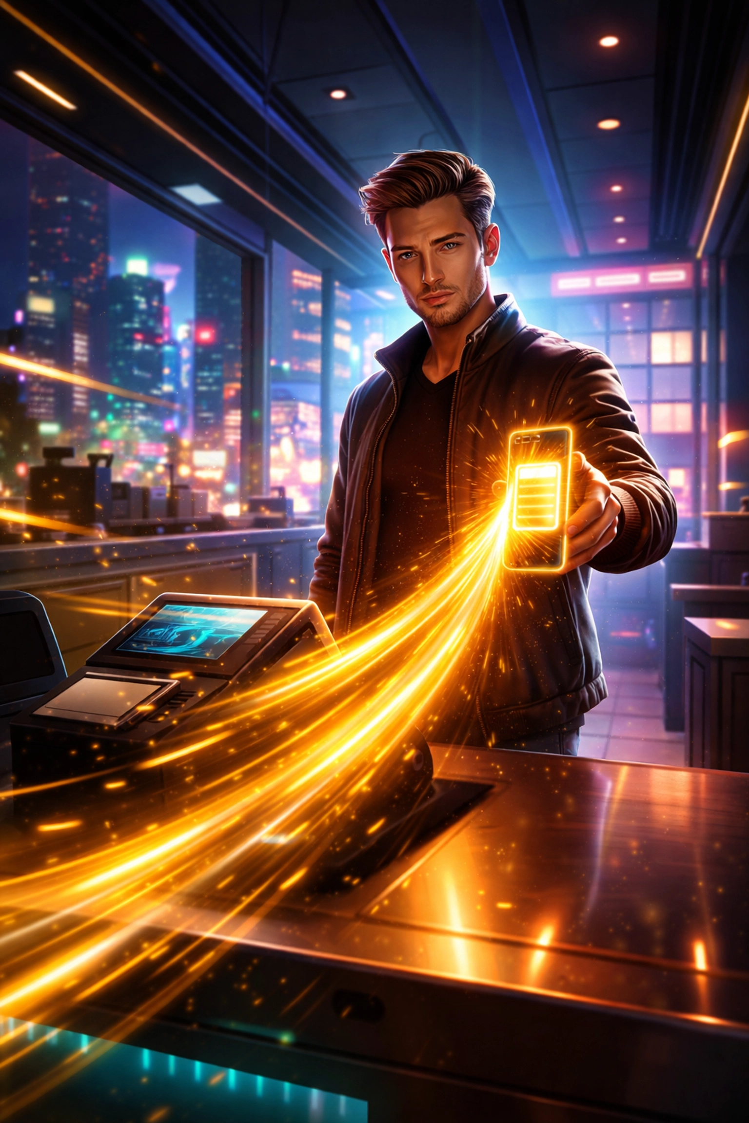 A merchant accepting instant crypto payments at a modern terminal, highlighting Larecoin's seamless fiat off-ramp.