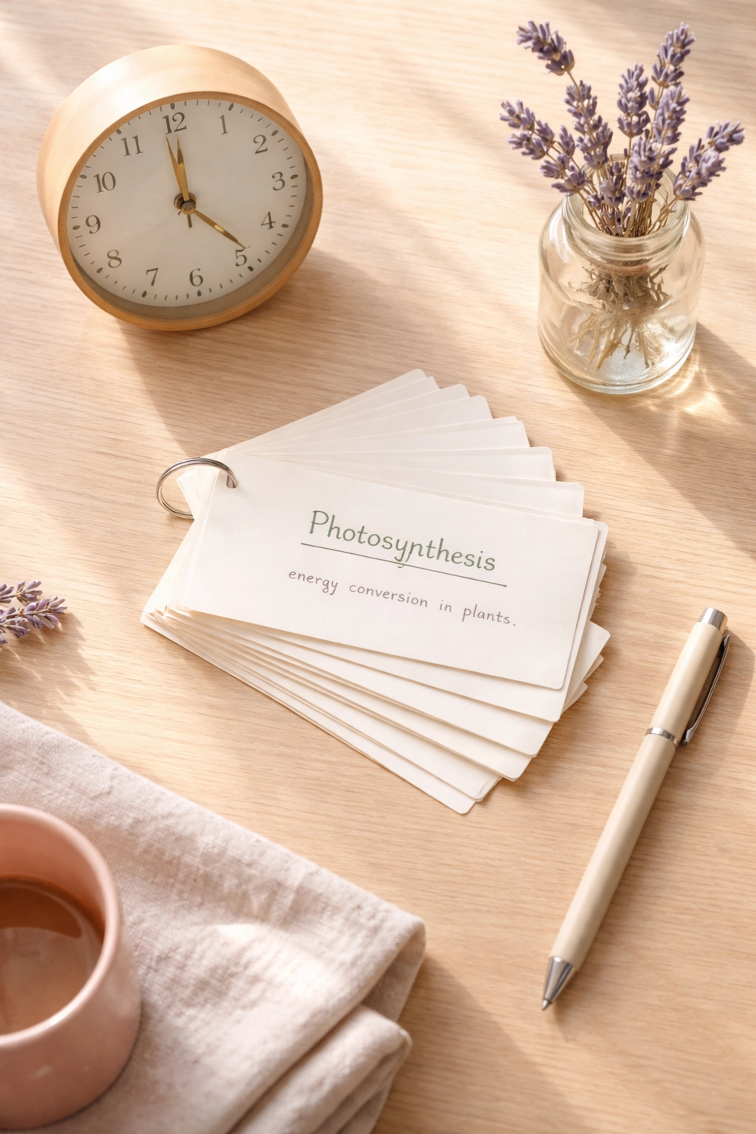 Minimalist study setup with flashcards, clock, and lavender, symbolizing spaced repetition in effective chemistry revision