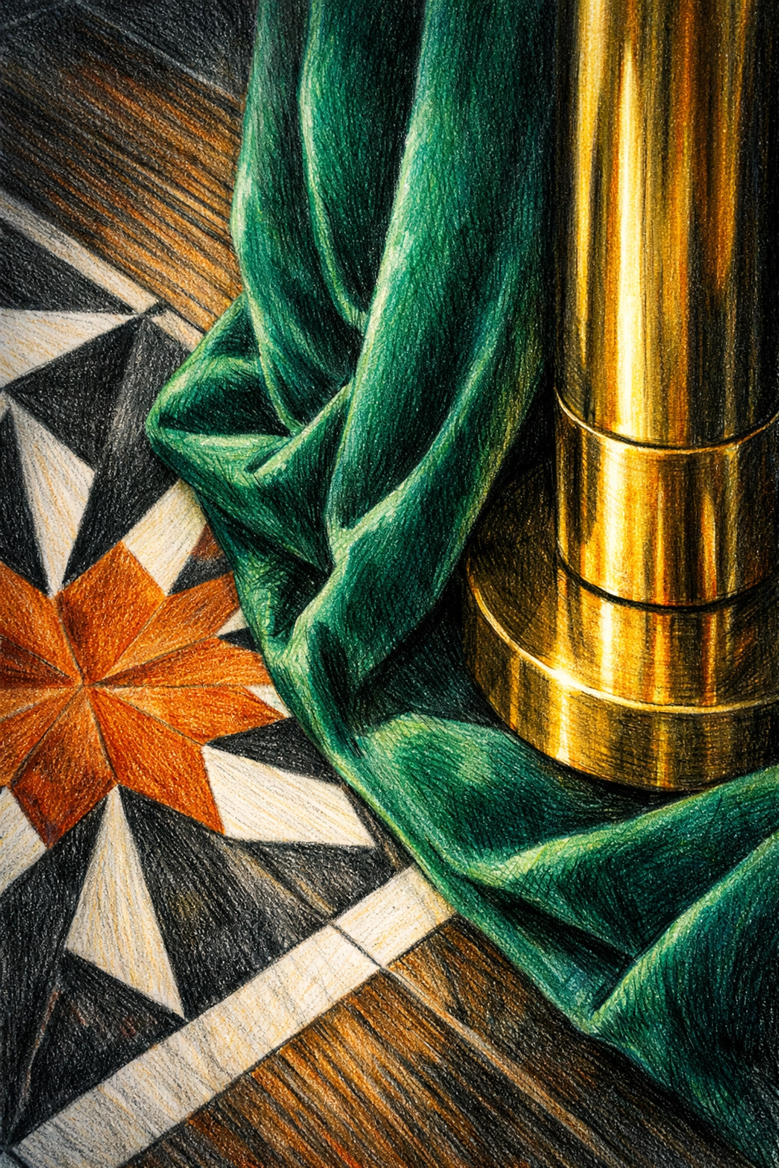 Detailed boutique hotel interior design showing mixed textures of velvet, brass, and geometric floor tiles.