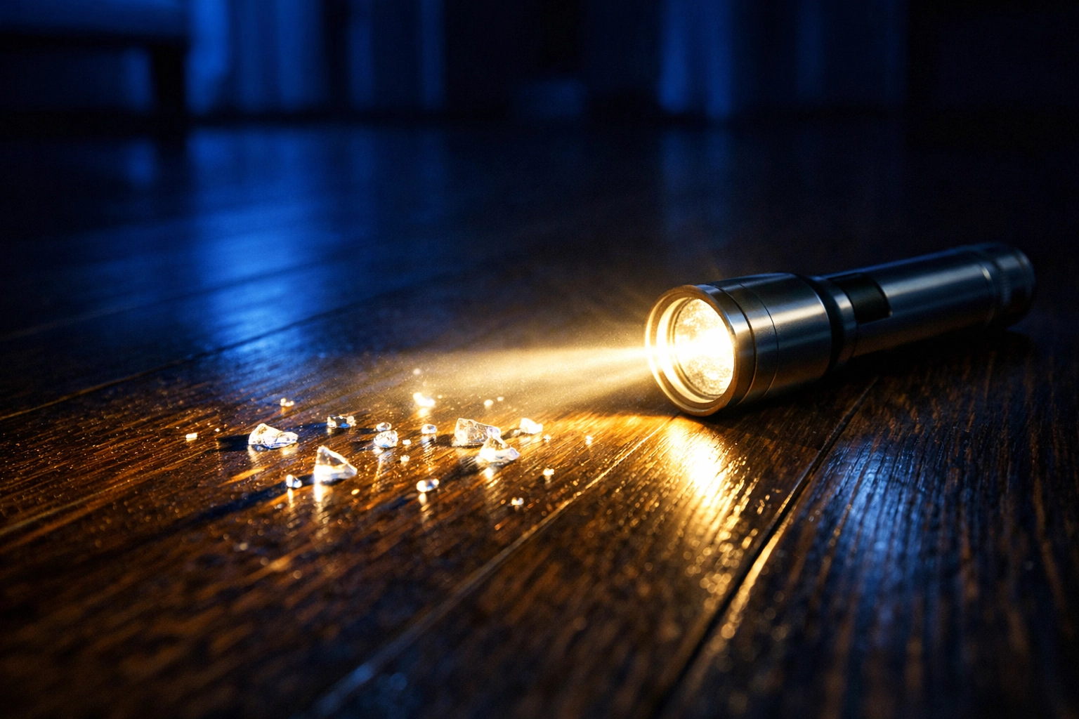 A flashlight shining across a dark hardwood floor to reveal tiny, sparkling glass shards for safe cleaning.