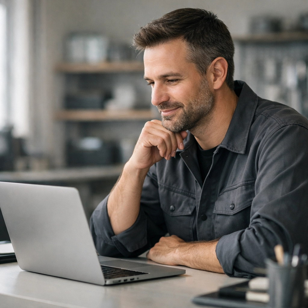 Garage door business owner managing digital marketing campaigns on laptop