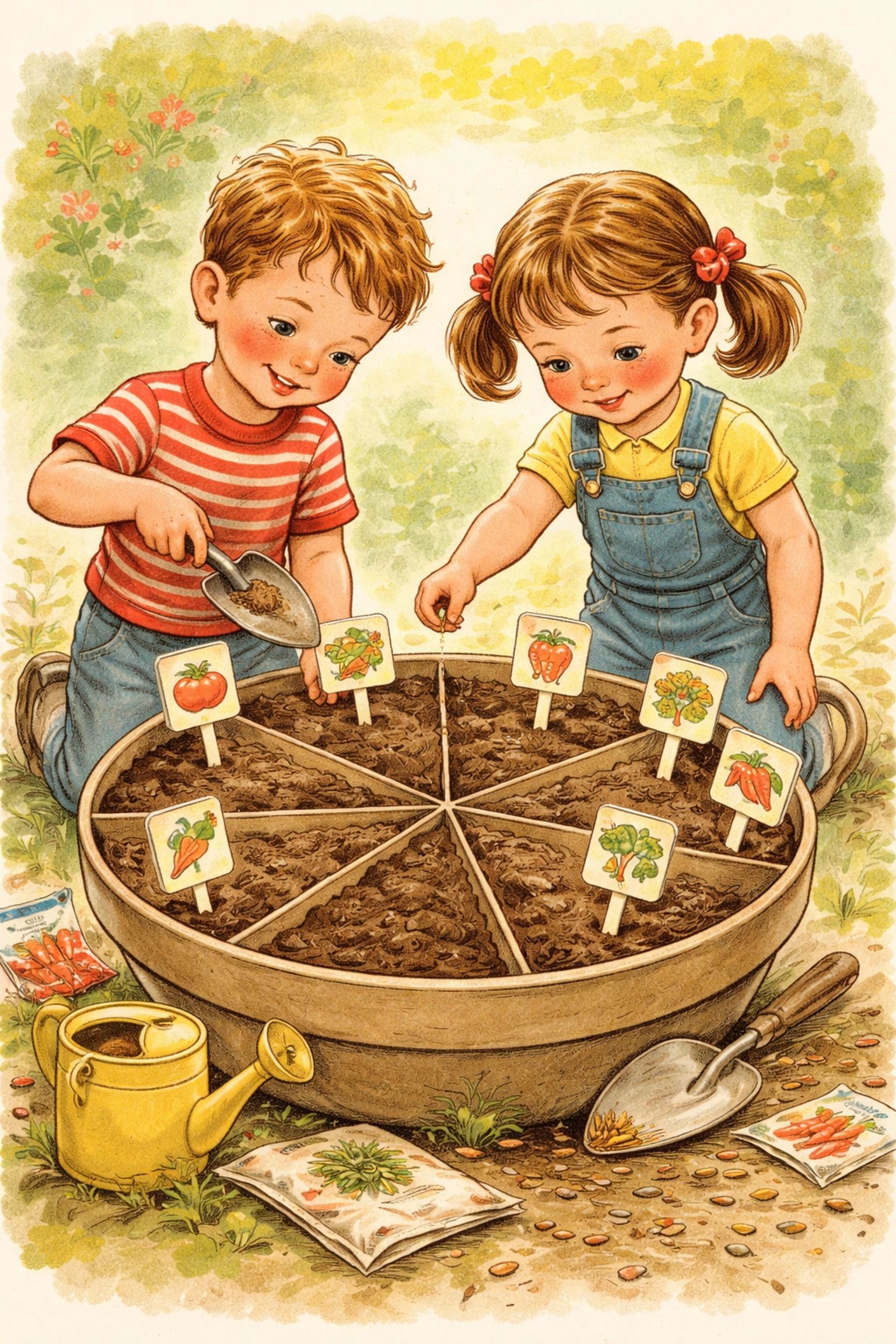 Two children planting seeds together in a sectioned pizza pot with homemade plant markers in a backyard