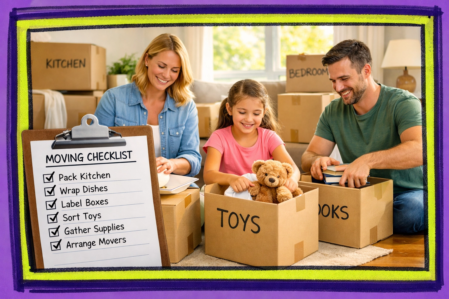 Family organizing and packing moving boxes for Connecticut home transition