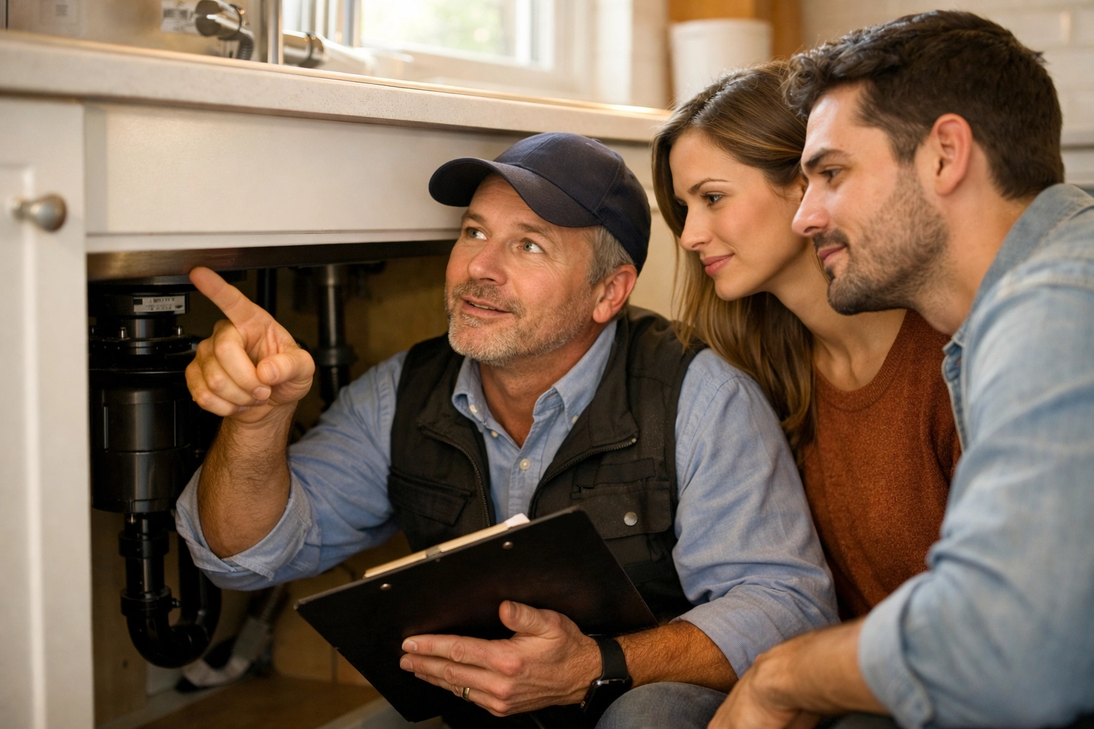 Edmonton home inspector explaining expert findings and property maintenance to homebuyers in a kitchen.