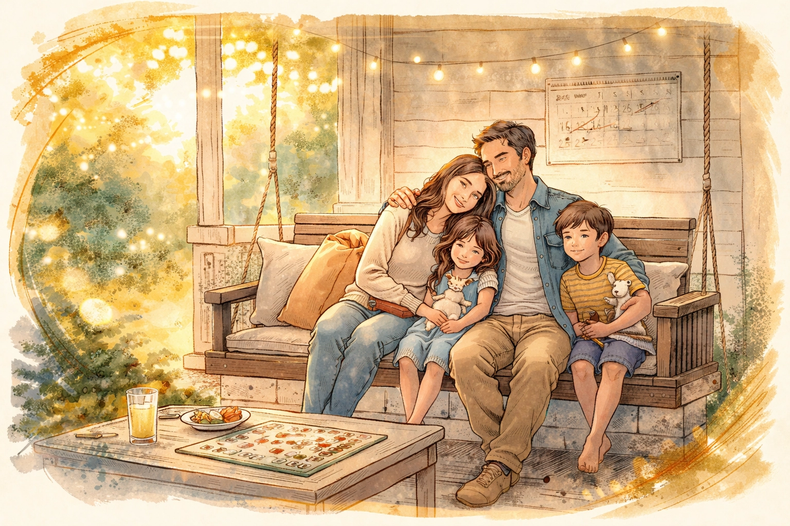 Family on a porch relaxing together at sunset, illustrating Christian boundaries for burnout recovery