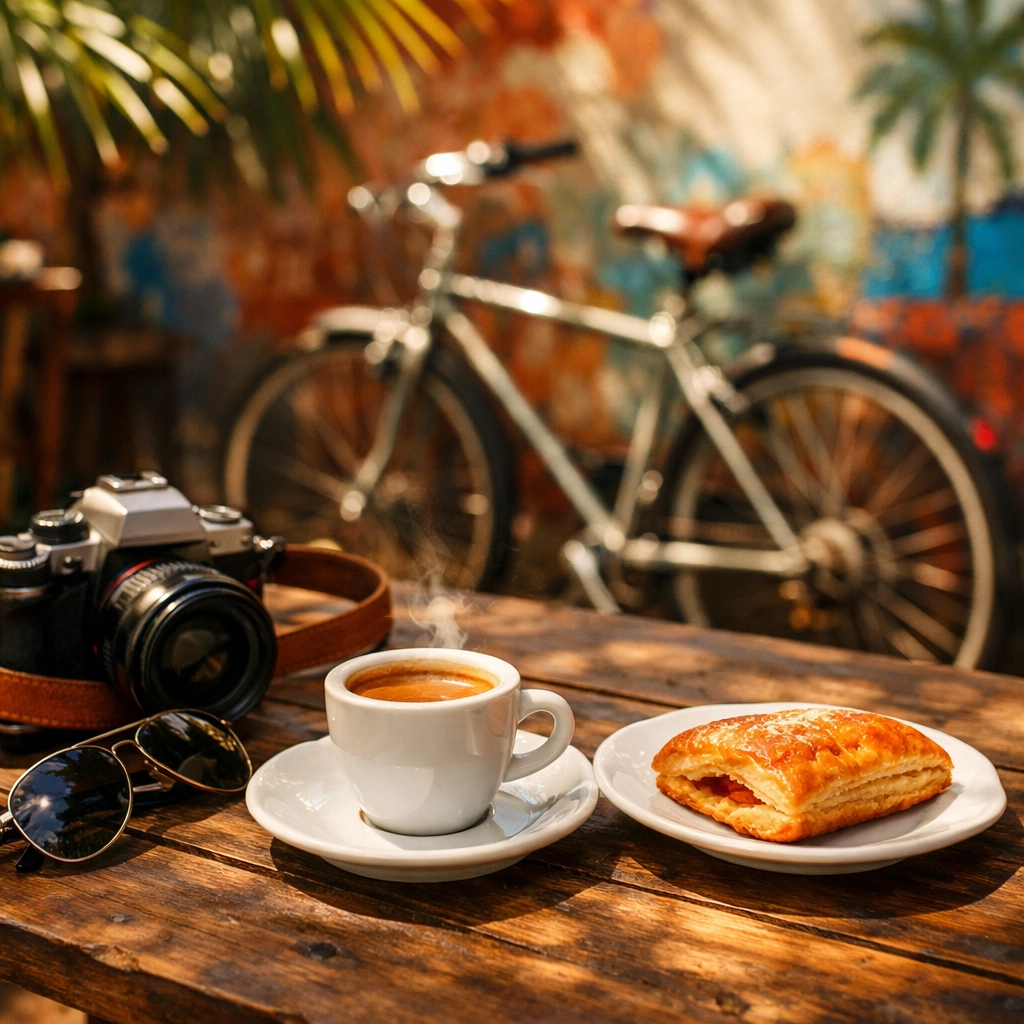 Miami photographer's camera and Cuban coffee at a Little Havana cafe next to a colorful mural.