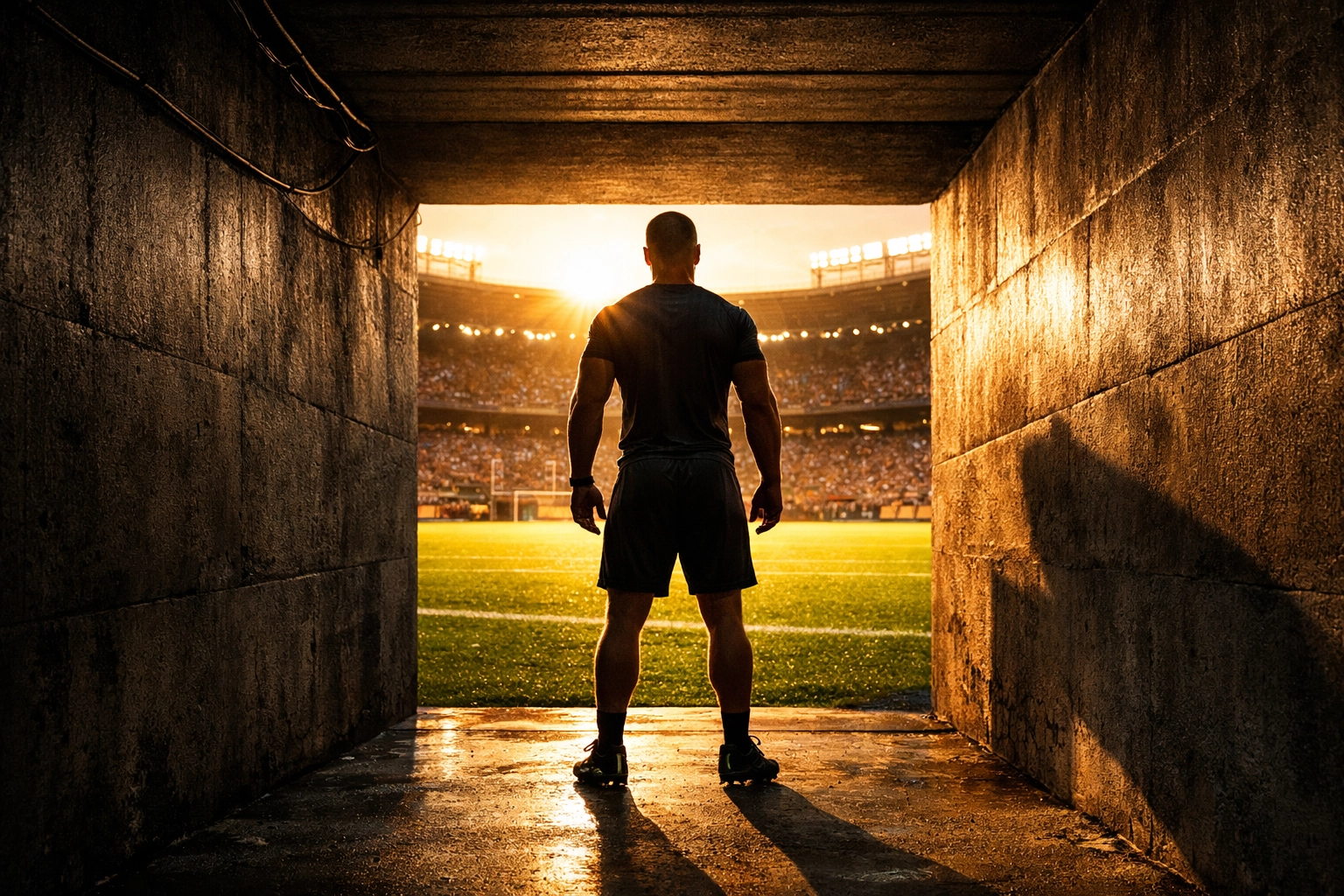 An athlete standing in a stadium tunnel looking at a bright field representing future career legacy.