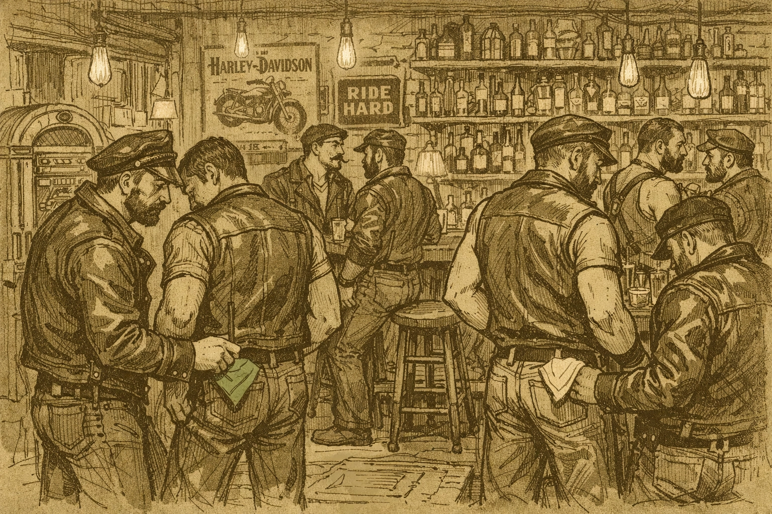 Vintage 1970s gay leather bar interior showing men in leather with hanky code and community gathering
