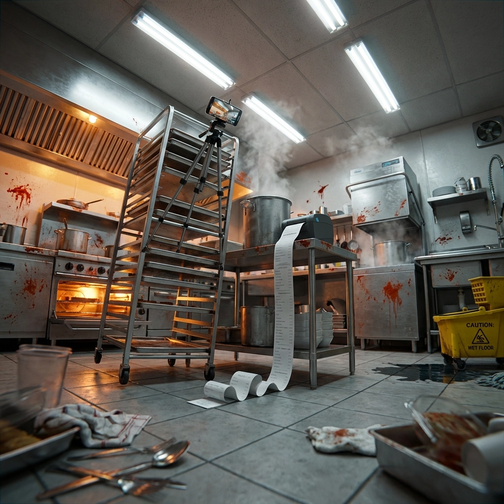 Busy restaurant kitchen in chaos with spilled sauce, overworked staff, and malfunctioning equipment, illustrating operational instability.
