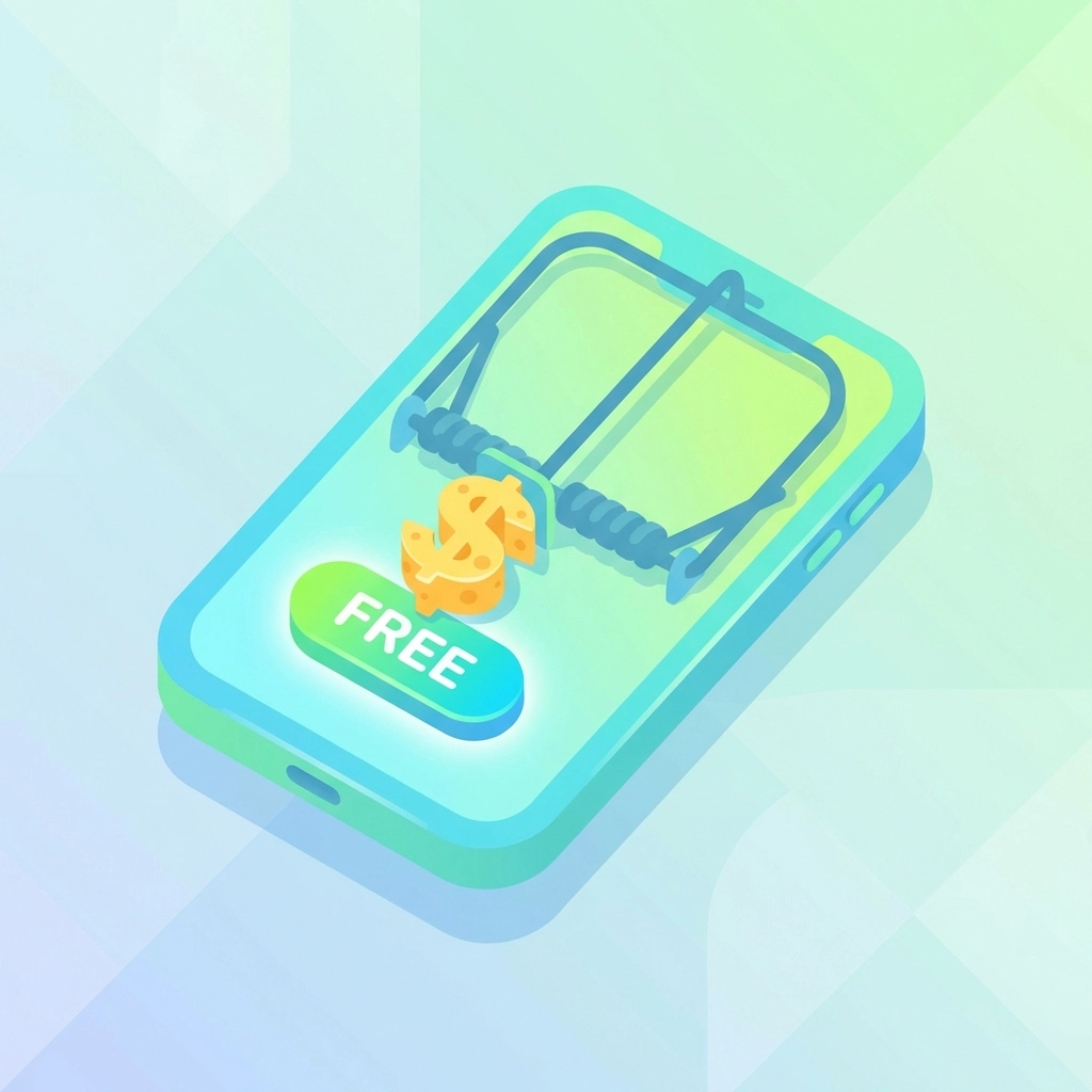 Illustration of a mousetrap shaped like a smartphone luring with a 'FREE' MMS marketing offer, warning of hidden fees.