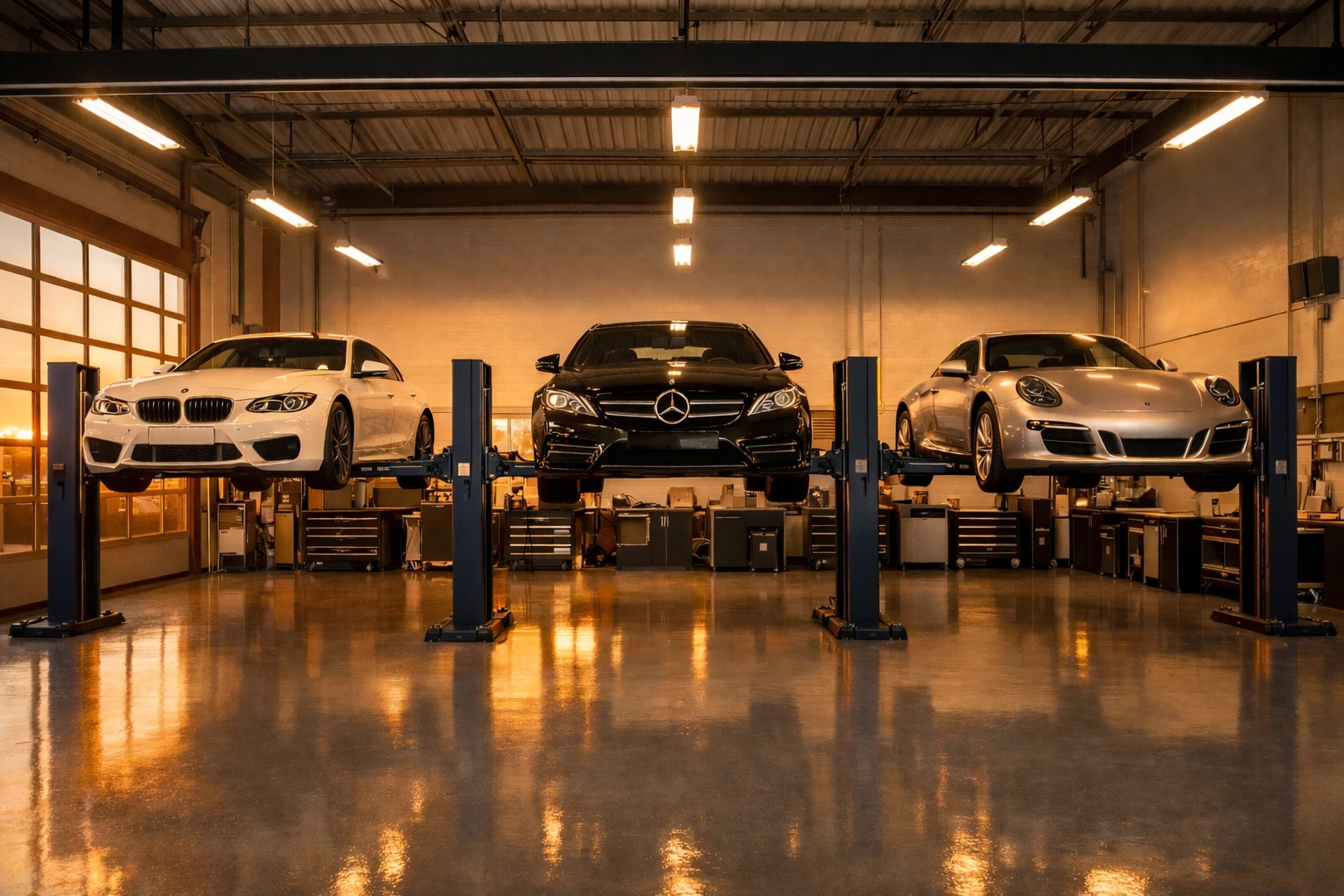 Clean auto repair shop with three cars on lifts, symbolizing organized multi-shop operator growth.